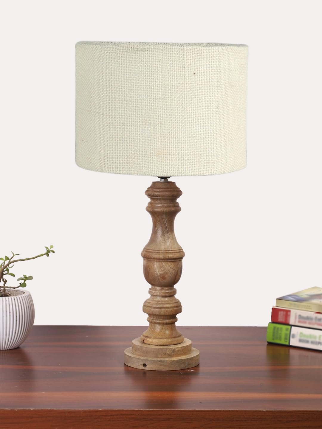 White Jute Shade Table Lamp with Wooden Base | Elegant Bedside & Desk Lamp for Living Room, Bedroom, Home Decor, Office & Gift | (Height 17.5 Inches, Without Bulb)