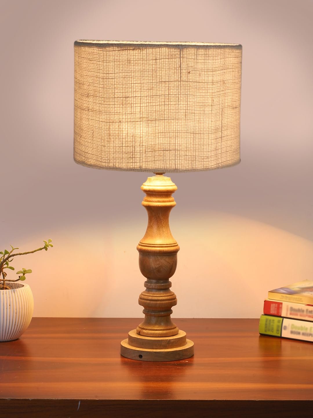 White Jute Shade Table Lamp with Wooden Base | Elegant Bedside & Desk Lamp for Living Room, Bedroom, Home Decor, Office & Gift | (Height 17.5 Inches, Without Bulb)