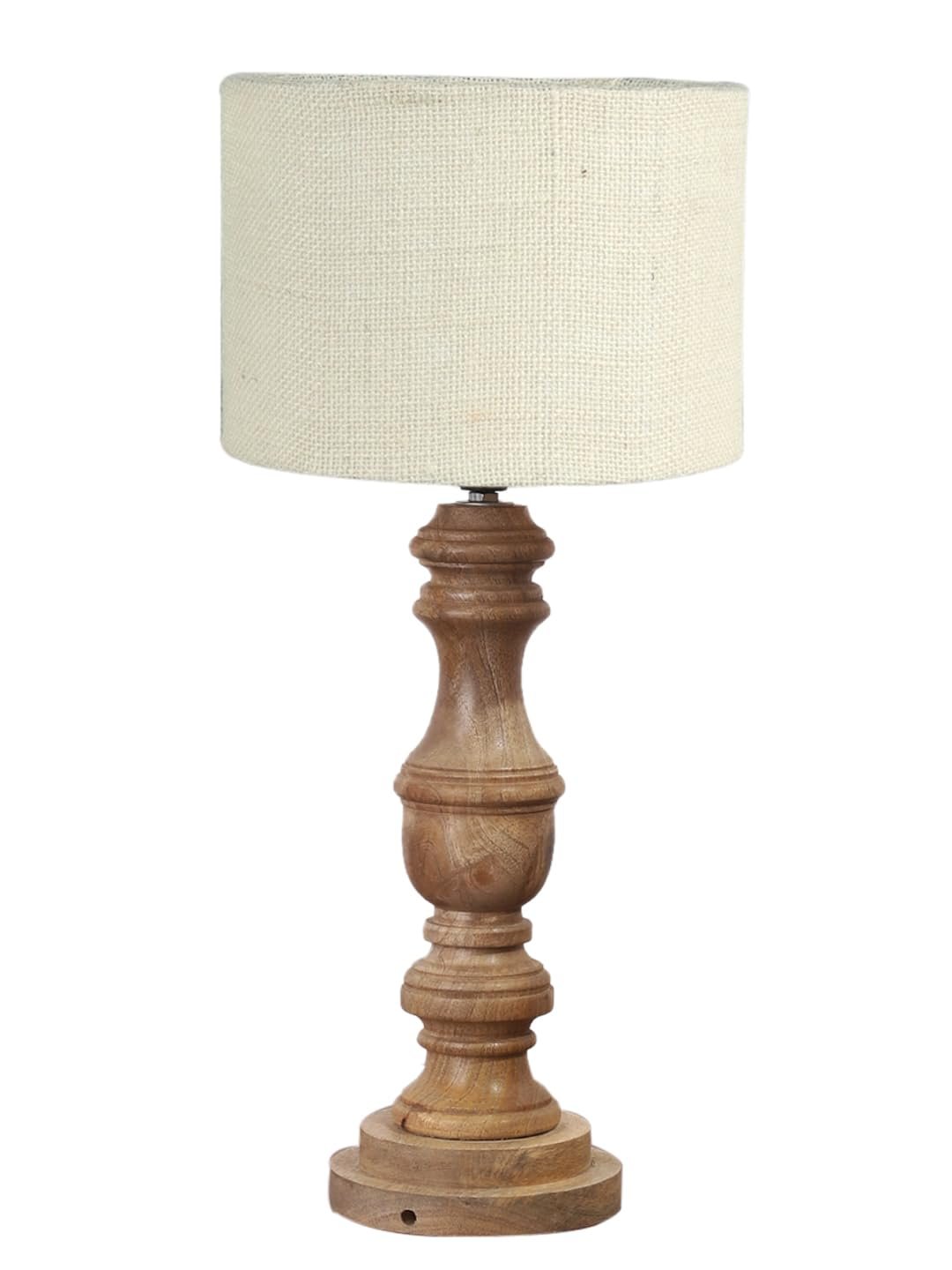 White Jute Shade Table Lamp with Wooden Base | Elegant Bedside & Desk Lamp for Living Room, Bedroom, Home Decor, Office & Gift | (Height 17.5 Inches, Without Bulb)