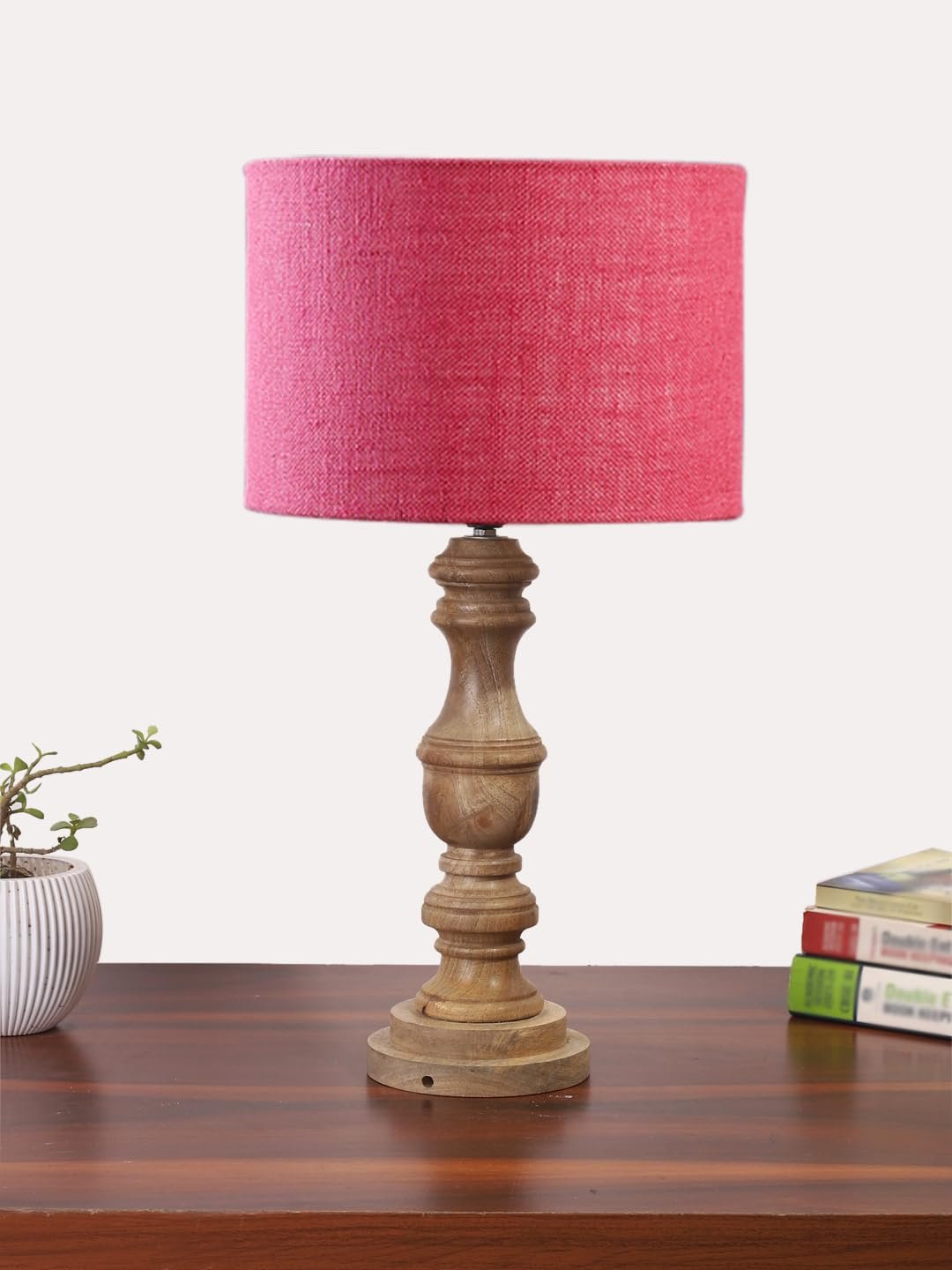 Pink Jute Shade Table Lamp with Wooden Base | Elegant Bedside & Desk Lamp for Living Room, Bedroom, Home Decor, Office & Gift | (Height 17.5 Inches, Without Bulb)