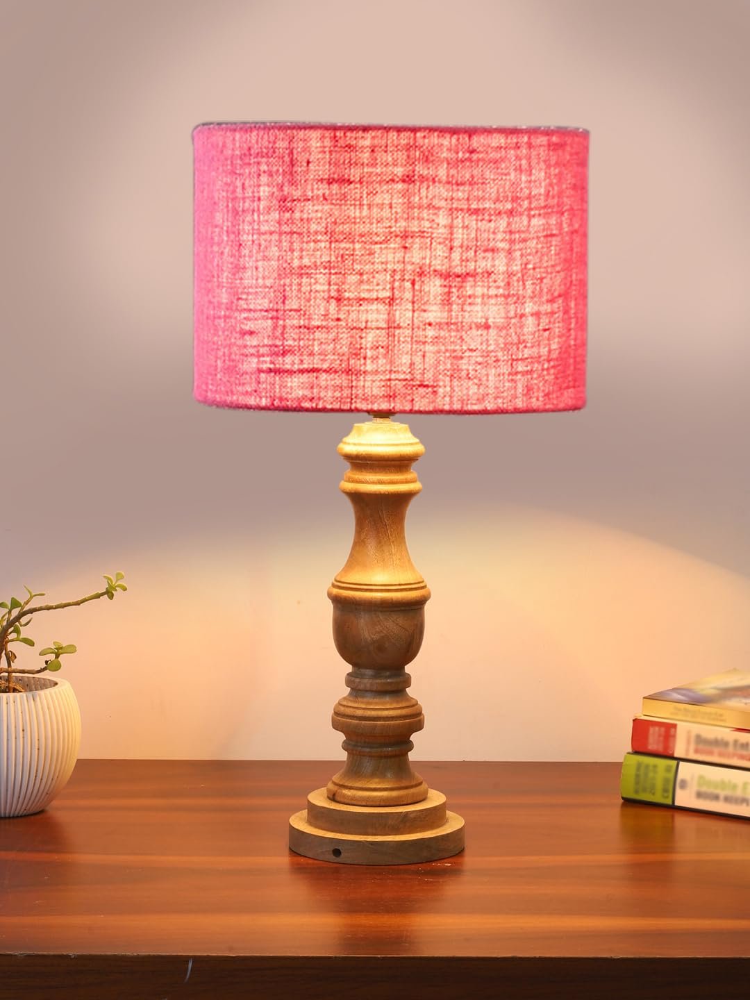 Pink Jute Shade Table Lamp with Wooden Base | Elegant Bedside & Desk Lamp for Living Room, Bedroom, Home Decor, Office & Gift | (Height 17.5 Inches, Without Bulb)