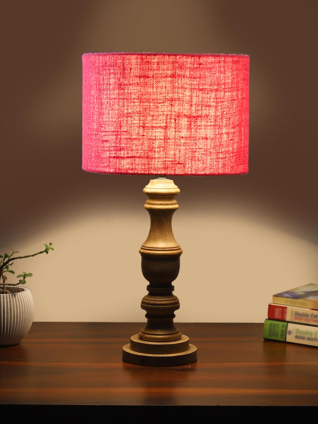 Pink Jute Shade Table Lamp with Wooden Base | Elegant Bedside & Desk Lamp for Living Room, Bedroom, Home Decor, Office & Gift | (Height 17.5 Inches, Without Bulb)