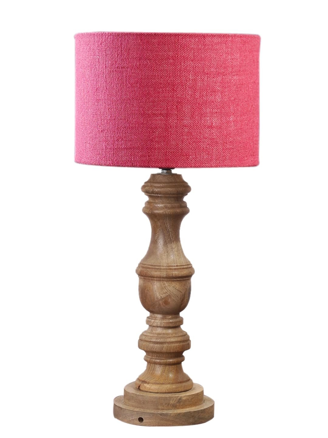 Pink Jute Shade Table Lamp with Wooden Base | Elegant Bedside & Desk Lamp for Living Room, Bedroom, Home Decor, Office & Gift | (Height 17.5 Inches, Without Bulb)