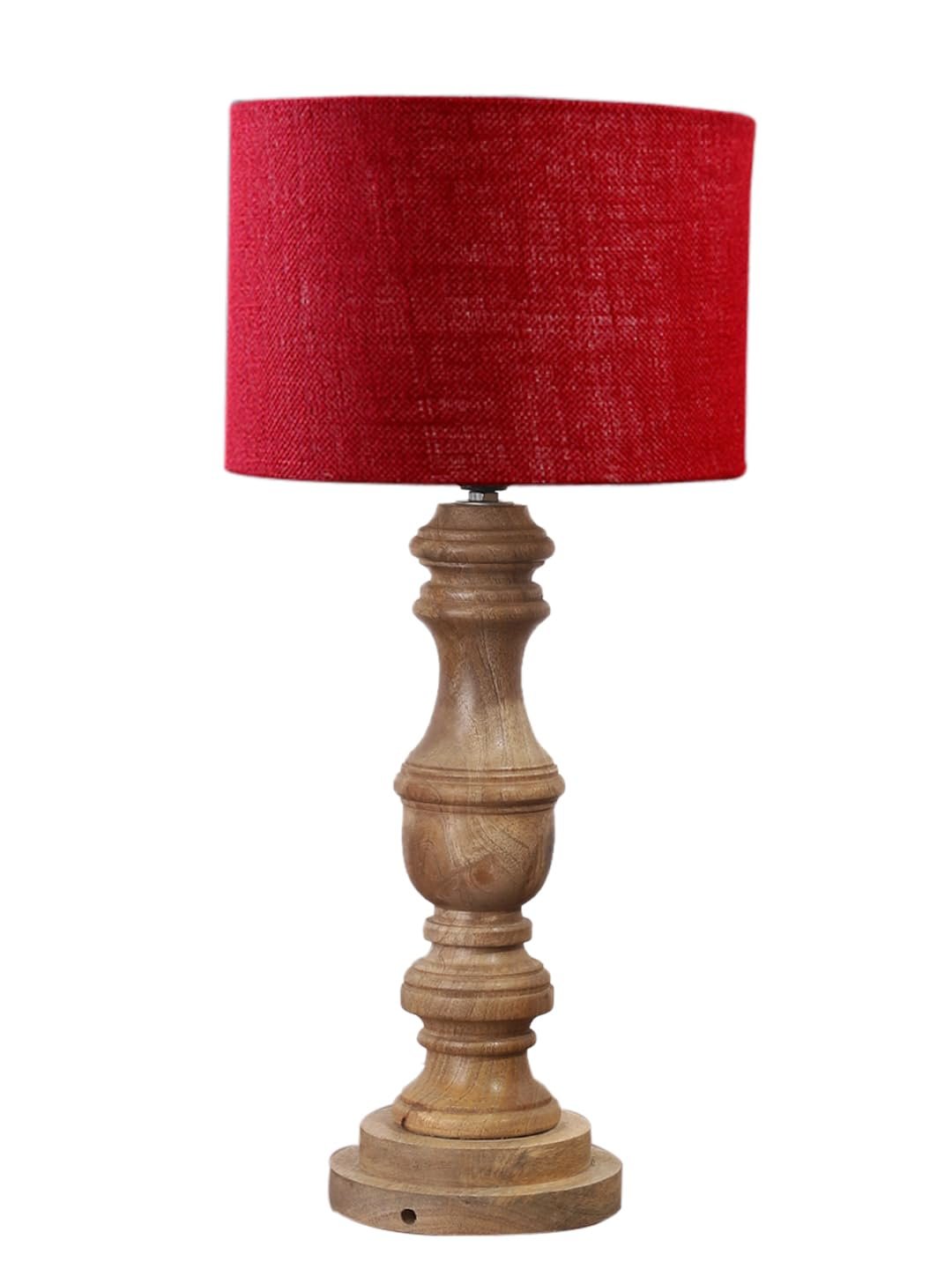 Maroon Jute Shade Table Lamp with Wooden Base | Elegant Bedside & Desk Lamp for Living Room, Bedroom, Home Decor, Office & Gift | (Height 17.5 Inches, Without Bulb)