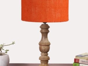 Orange Jute Shade Table Lamp with Wooden Base for Home Decor, Living Room, Bedroom, Lounge, Office, Festival Gifting, Study Table (Height – 17.5 Inches/Without Blub)