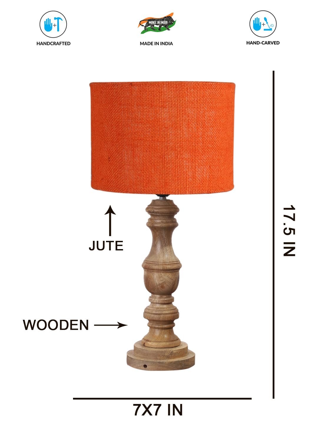 Orange Jute Shade Table Lamp with Wooden Base for Home Decor, Living Room, Bedroom, Lounge, Office, Festival Gifting, Study Table (Height - 17.5 Inches/Without Blub)