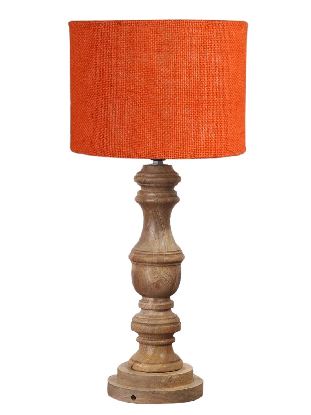 Orange Jute Shade Table Lamp with Wooden Base for Home Decor, Living Room, Bedroom, Lounge, Office, Festival Gifting, Study Table (Height - 17.5 Inches/Without Blub)