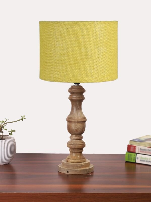 Yellow Jute Shade Table Lamp with Wooden Base for Home Decor, Living Room, Bedroom, Lounge, Office, Festival Gifting, Study Table (Height – 17.5 Inches/Without Blub)