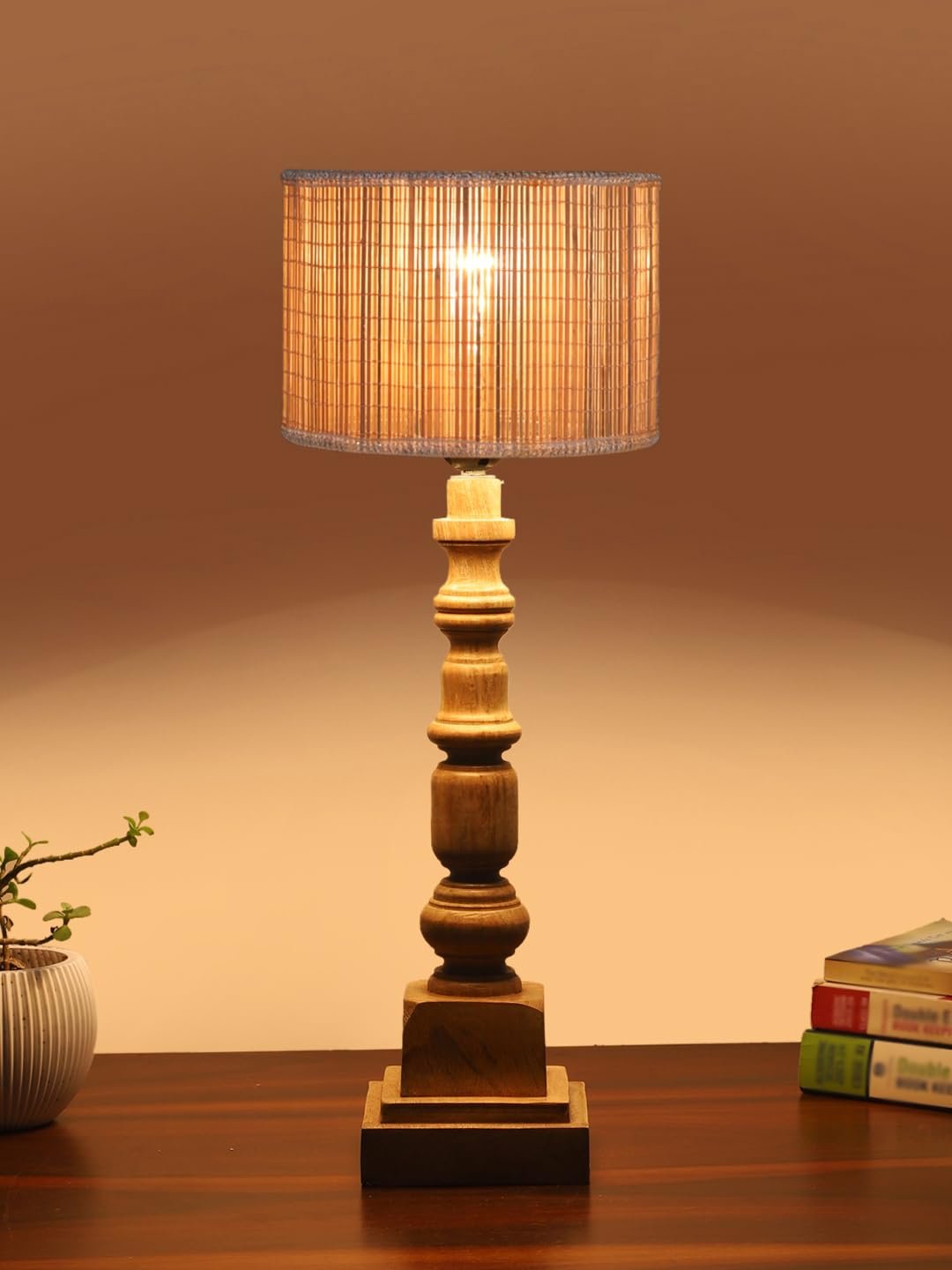 Bamboo Table Lamp with Wooden Natural Base - Height 21.25 Inches/Without Bulb | for Living Room, Bedroom Decoration, Home Decor, Gifting | Decorative Bedside & Desk Table Lamp