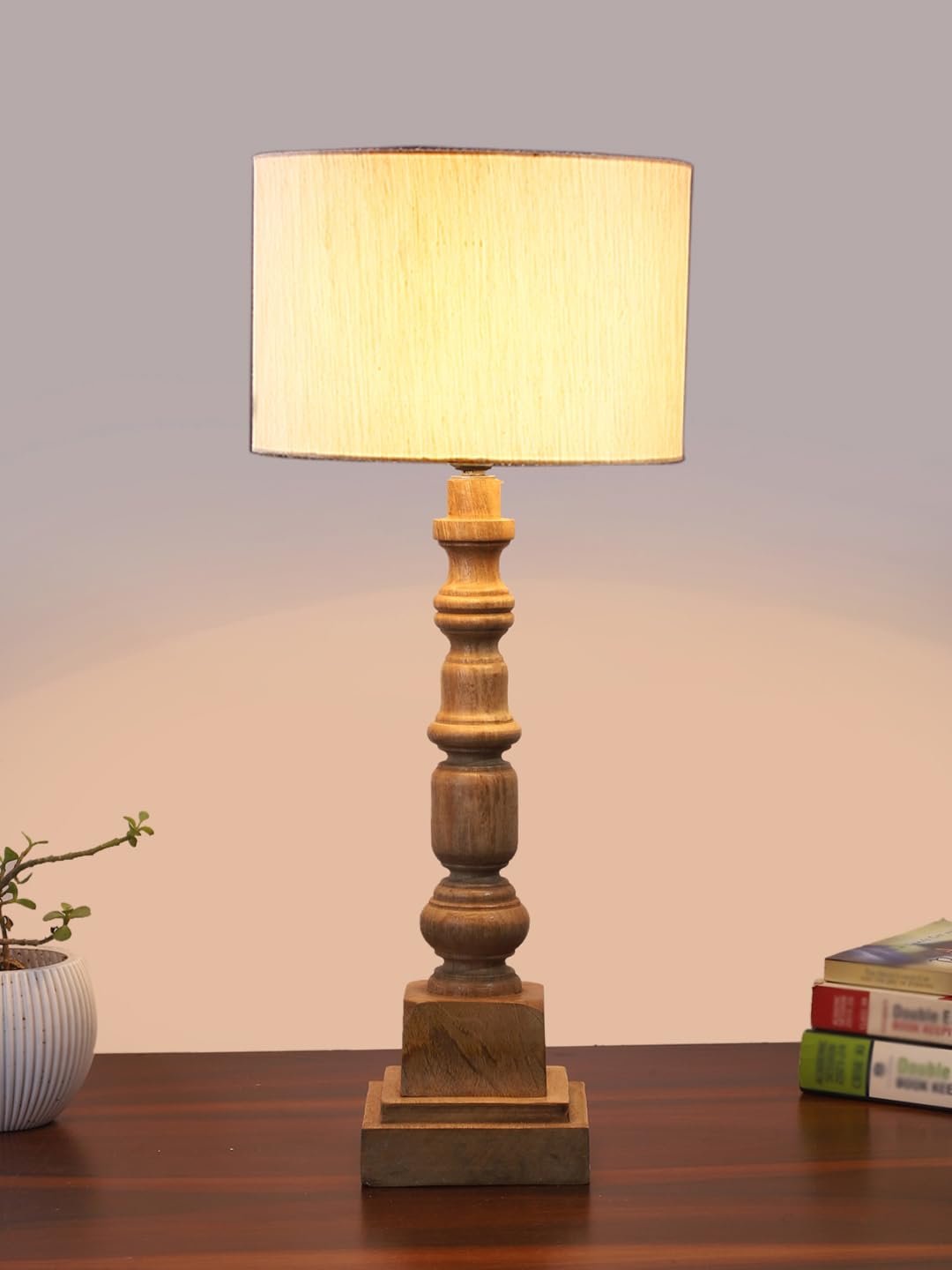 Off White Cotton Shade Table Lamp with Wooden Natural Base - Height 21.25 Inches/Without Bulb | for Living Room, Bedroom Decoration, Home Decor, Gifting | Decorative Bedside & Desk Table Lamp