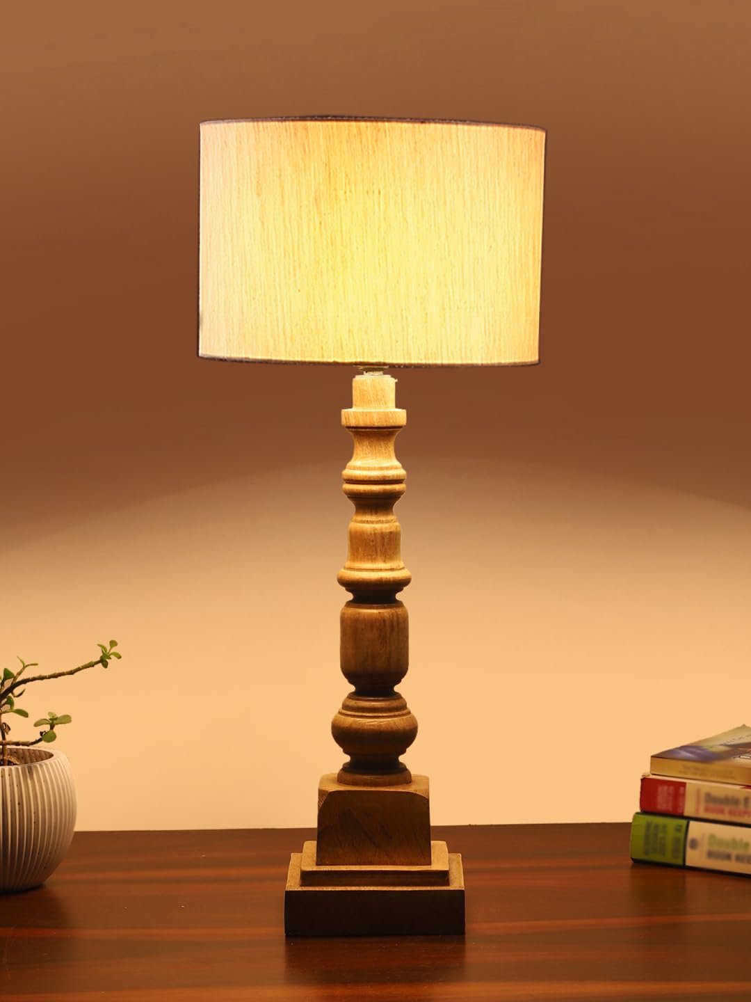 Off White Cotton Shade Table Lamp with Wooden Natural Base - Height 21.25 Inches/Without Bulb | for Living Room, Bedroom Decoration, Home Decor, Gifting | Decorative Bedside & Desk Table Lamp