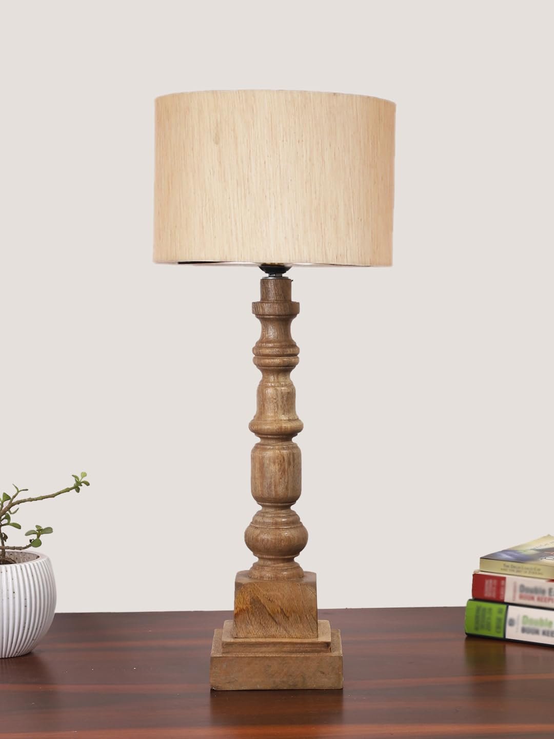 Off White Cotton Shade Table Lamp with Wooden Natural Base - Height 21.25 Inches/Without Bulb | for Living Room, Bedroom Decoration, Home Decor, Gifting | Decorative Bedside & Desk Table Lamp