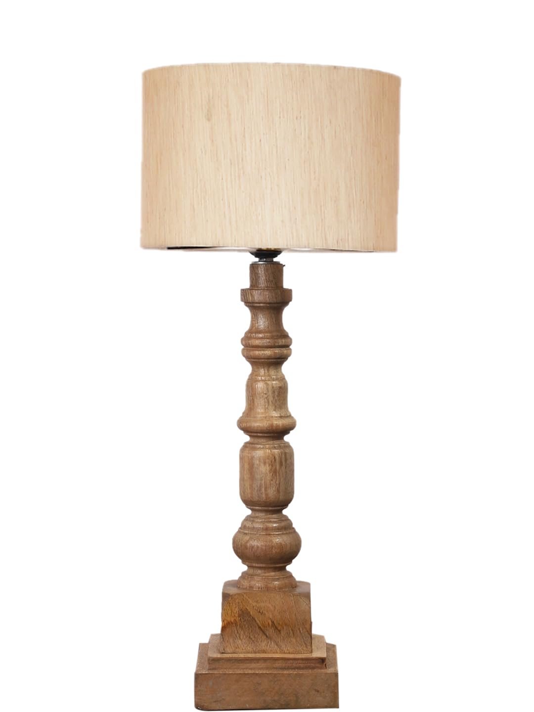 Off White Cotton Shade Table Lamp with Wooden Natural Base - Height 21.25 Inches/Without Bulb | for Living Room, Bedroom Decoration, Home Decor, Gifting | Decorative Bedside & Desk Table Lamp