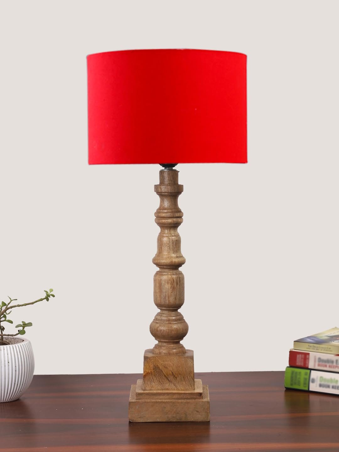 Red Cotton Shade Table Lamp with Wooden Natural Base - Height 21.25 Inches/Without Bulb | for Living Room, Bedroom Decoration, Home Decor, Gifting | Decorative Bedside & Desk Table Lamp