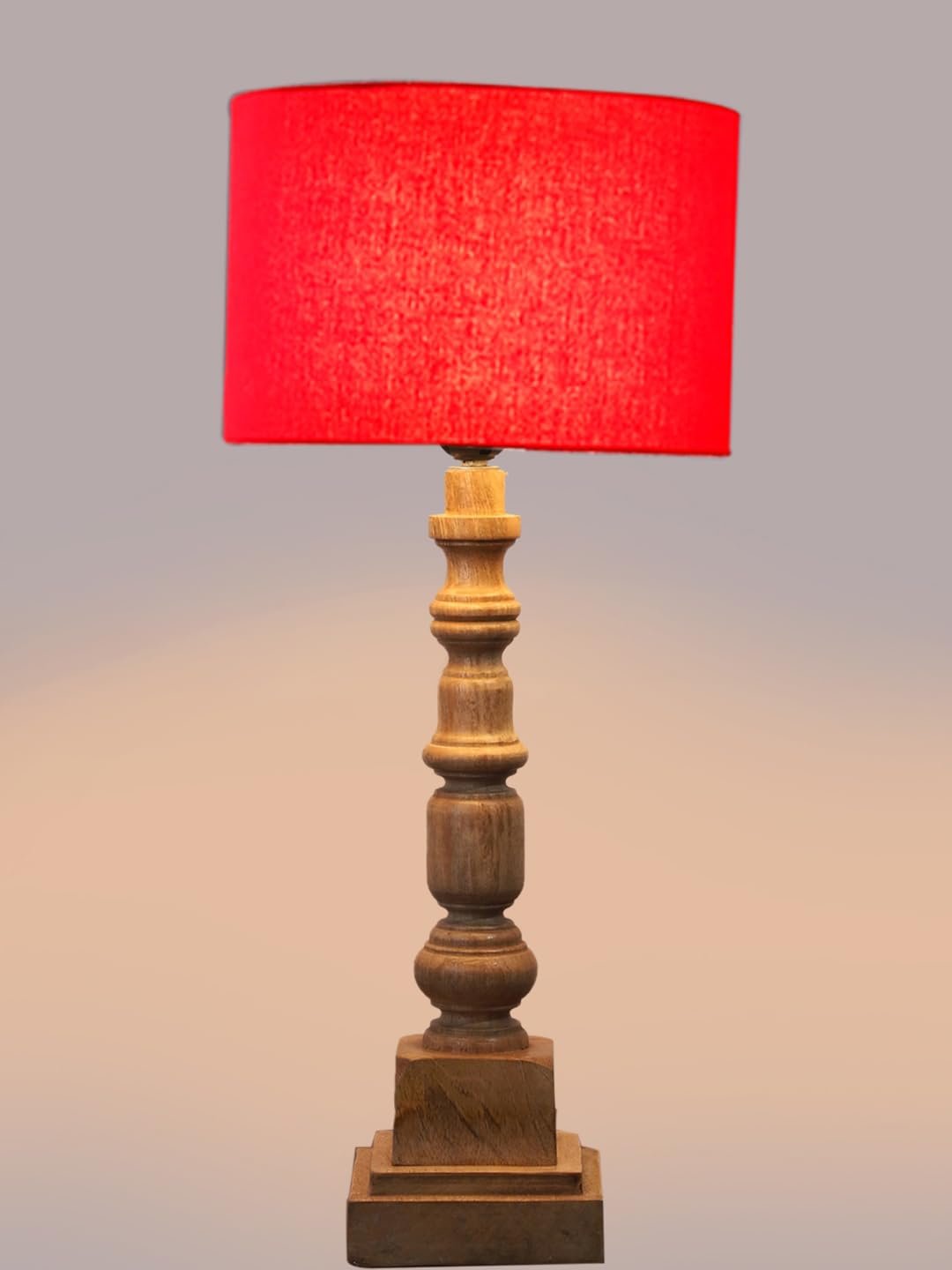 Red Cotton Shade Table Lamp with Wooden Natural Base - Height 21.25 Inches/Without Bulb | for Living Room, Bedroom Decoration, Home Decor, Gifting | Decorative Bedside & Desk Table Lamp