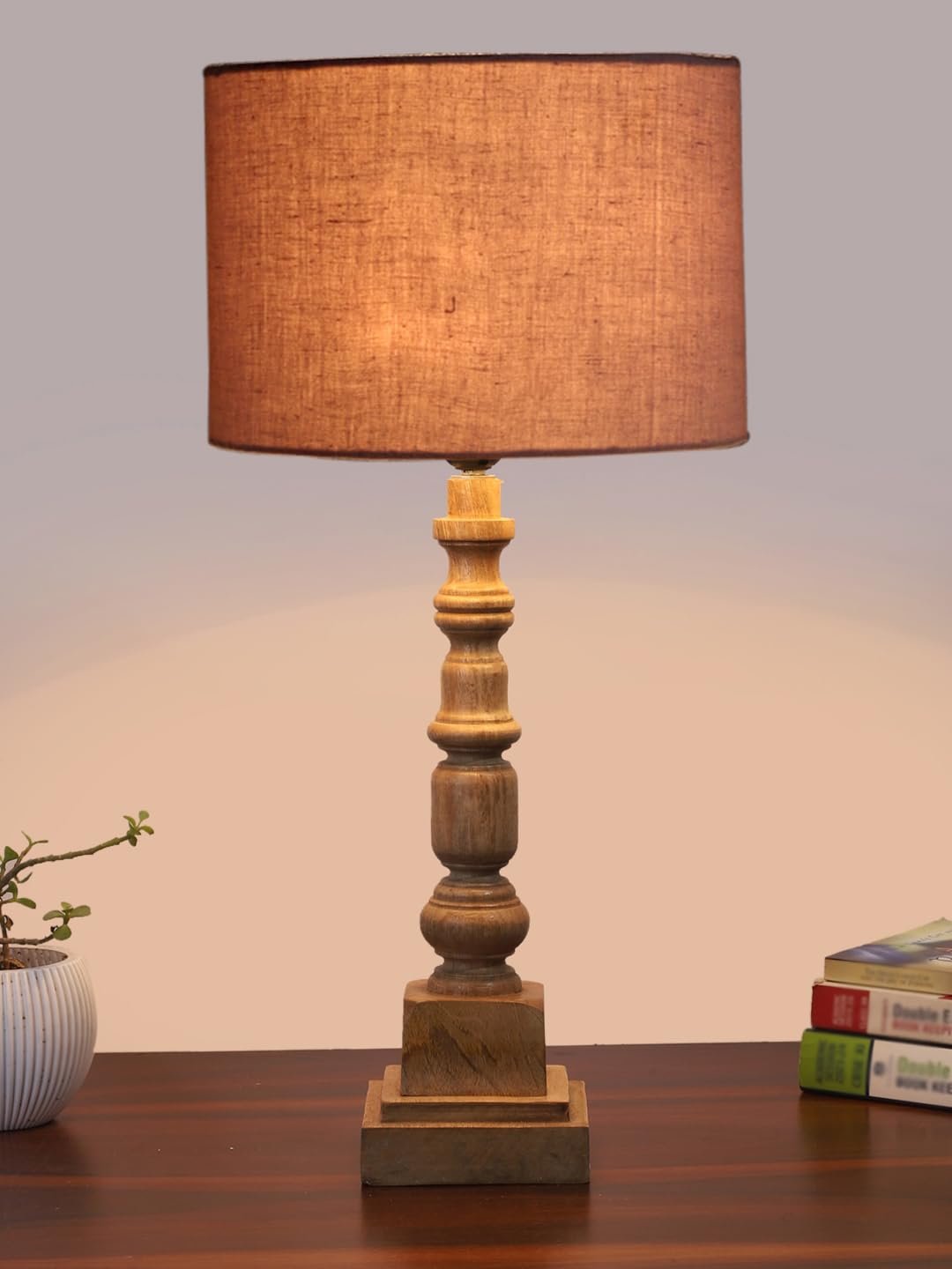 Grey Cotton Shade Table Lamp with Wooden Natural Base - Height 21.25 Inches/Without Bulb | for Living Room, Bedroom Decoration, Home Decor, Gifting | Decorative Bedside & Desk Table Lamp