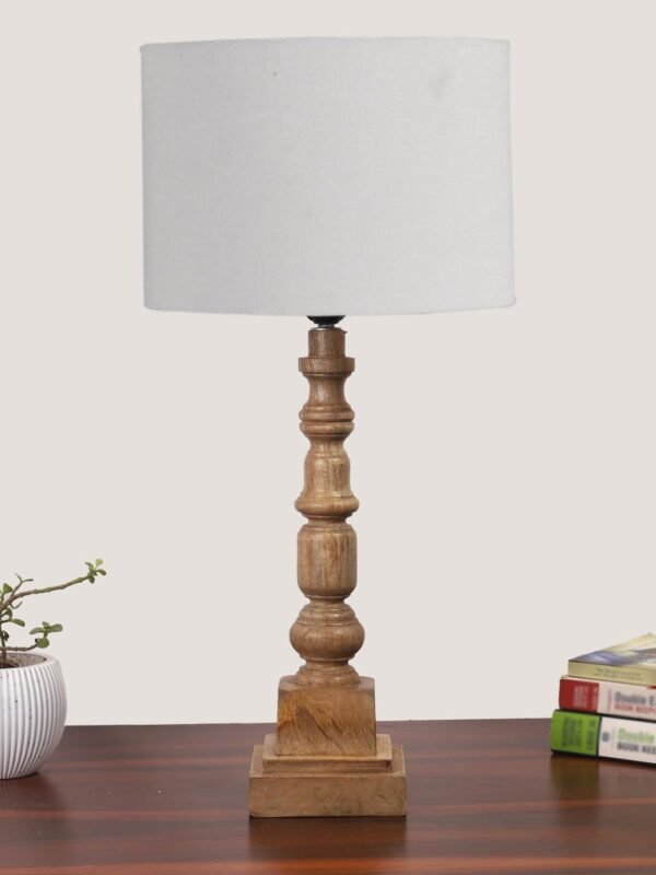 Grey Cotton Shade Table Lamp with Wooden Natural Base – Height 21.25 Inches/Without Bulb | for Living Room, Bedroom Decoration, Home Decor, Gifting | Decorative Bedside & Desk Table Lamp