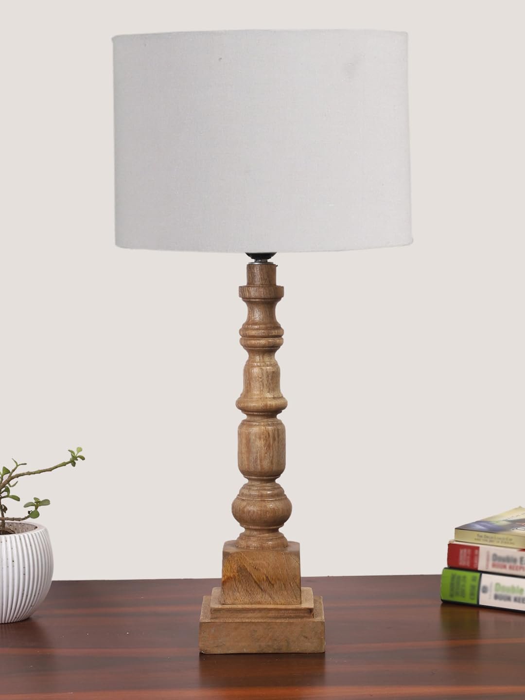 Grey Cotton Shade Table Lamp with Wooden Natural Base - Height 21.25 Inches/Without Bulb | for Living Room, Bedroom Decoration, Home Decor, Gifting | Decorative Bedside & Desk Table Lamp