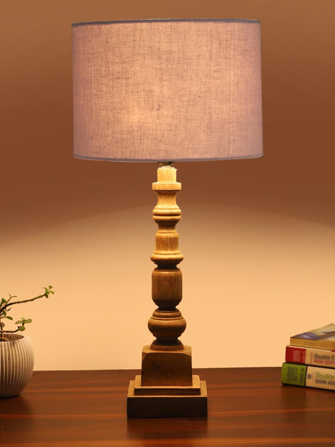 Grey Cotton Shade Table Lamp with Wooden Natural Base - Height 21.25 Inches/Without Bulb | for Living Room, Bedroom Decoration, Home Decor, Gifting | Decorative Bedside & Desk Table Lamp