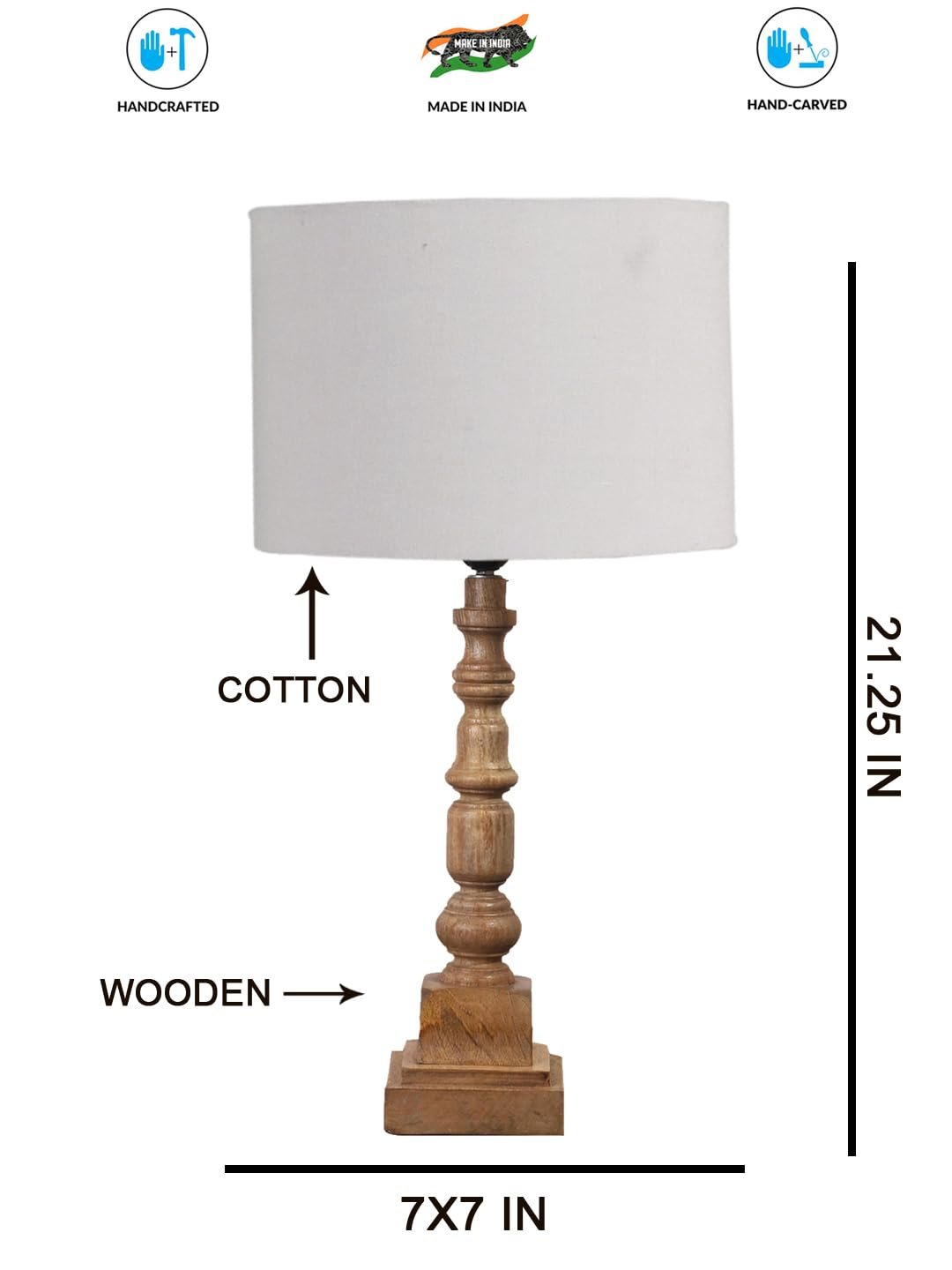 Grey Cotton Shade Table Lamp with Wooden Natural Base - Height 21.25 Inches/Without Bulb | for Living Room, Bedroom Decoration, Home Decor, Gifting | Decorative Bedside & Desk Table Lamp