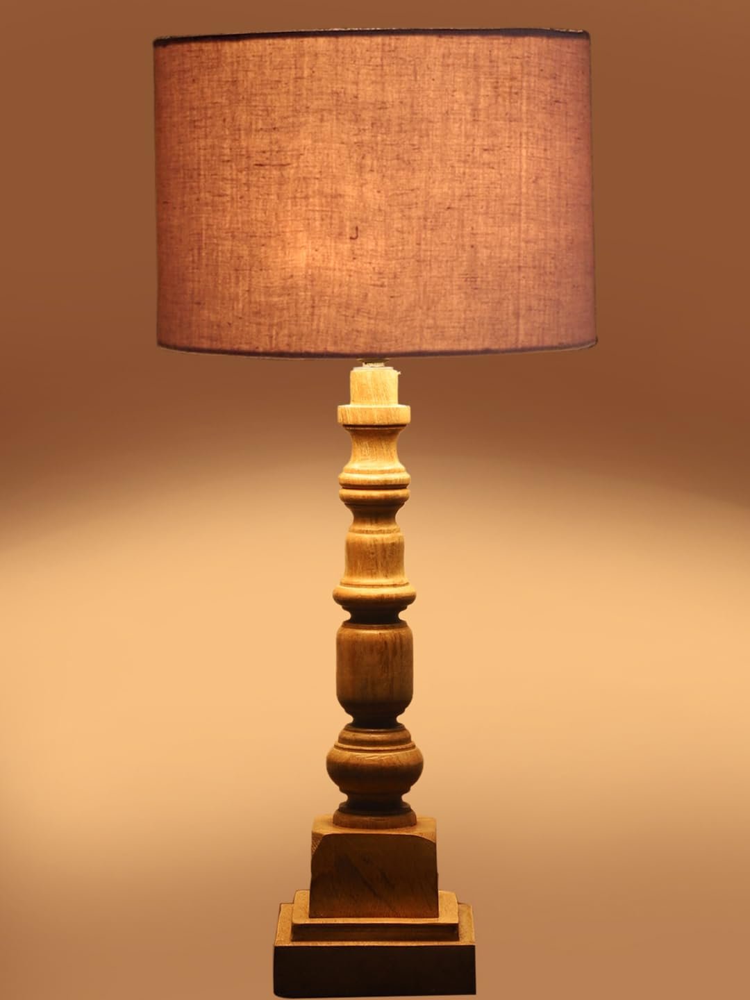 Grey Cotton Shade Table Lamp with Wooden Natural Base - Height 21.25 Inches/Without Bulb | for Living Room, Bedroom Decoration, Home Decor, Gifting | Decorative Bedside & Desk Table Lamp