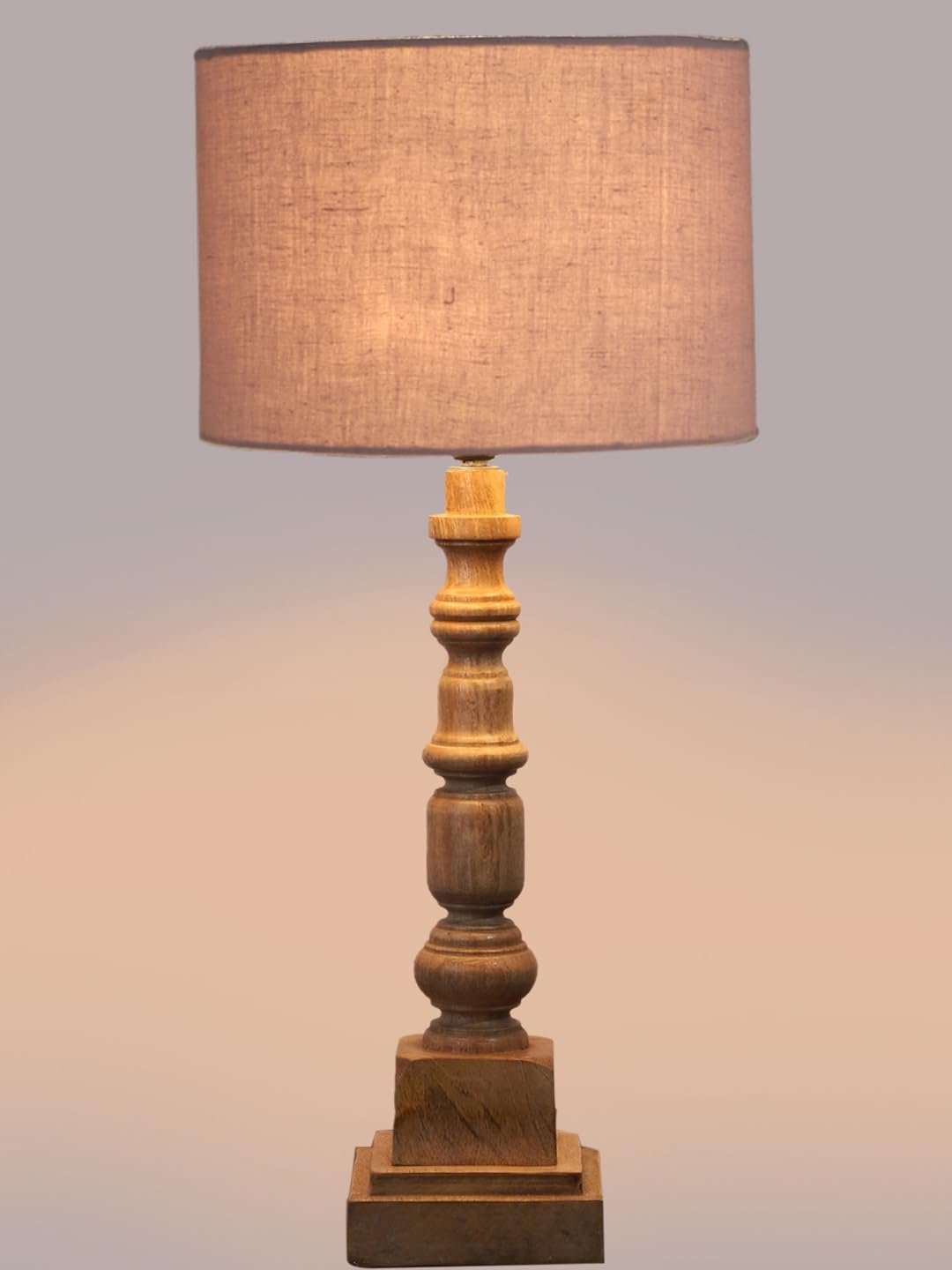 Grey Cotton Shade Table Lamp with Wooden Natural Base - Height 21.25 Inches/Without Bulb | for Living Room, Bedroom Decoration, Home Decor, Gifting | Decorative Bedside & Desk Table Lamp