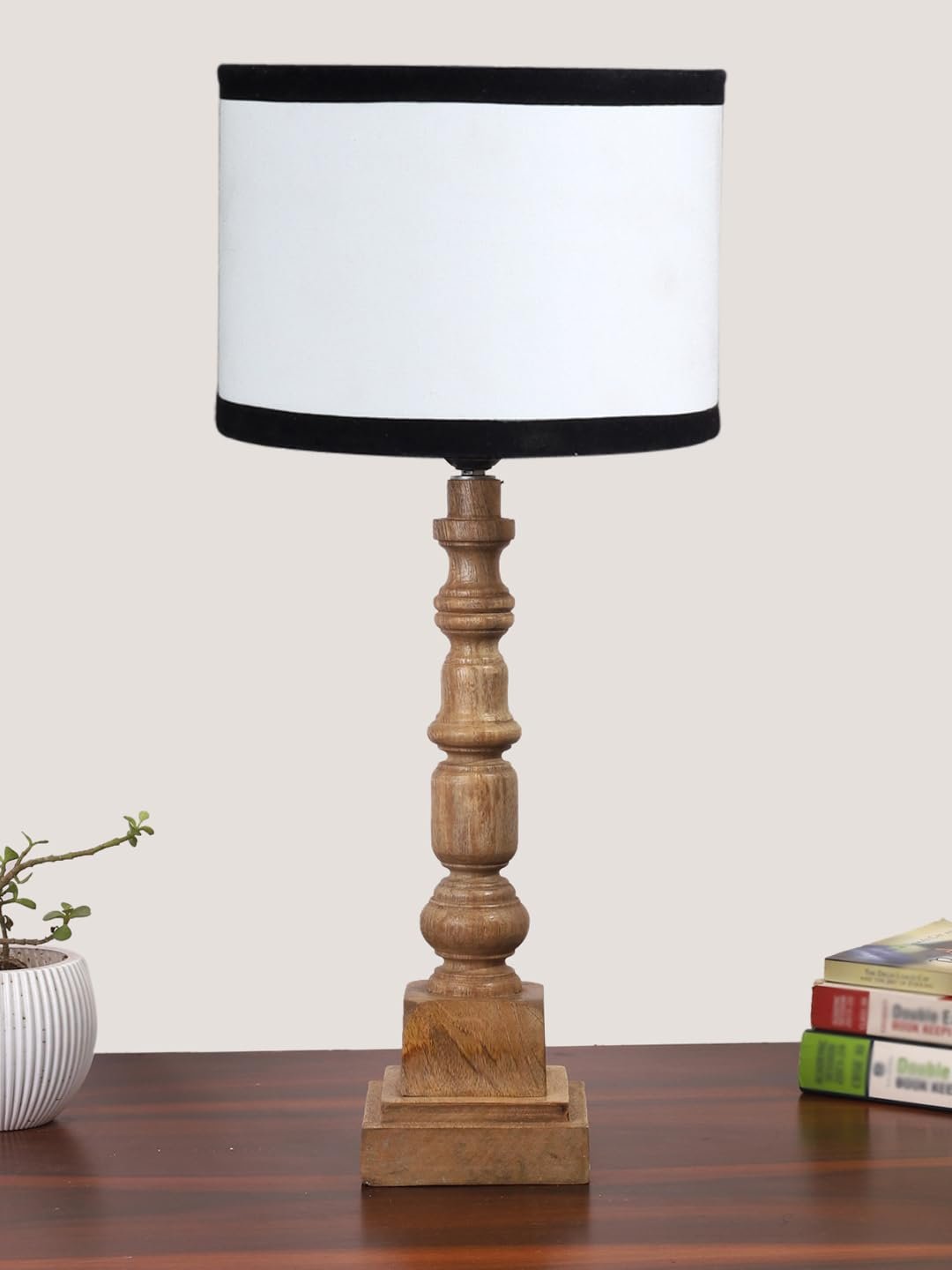 Cotton Shade Table Lamp with Wooden Natural Base - Height 21.25 Inches/Without Bulb | for Living Room, Bedroom, Home Decor, Gifting | Decorative Bedside & Desk Table Lamp | White & Black