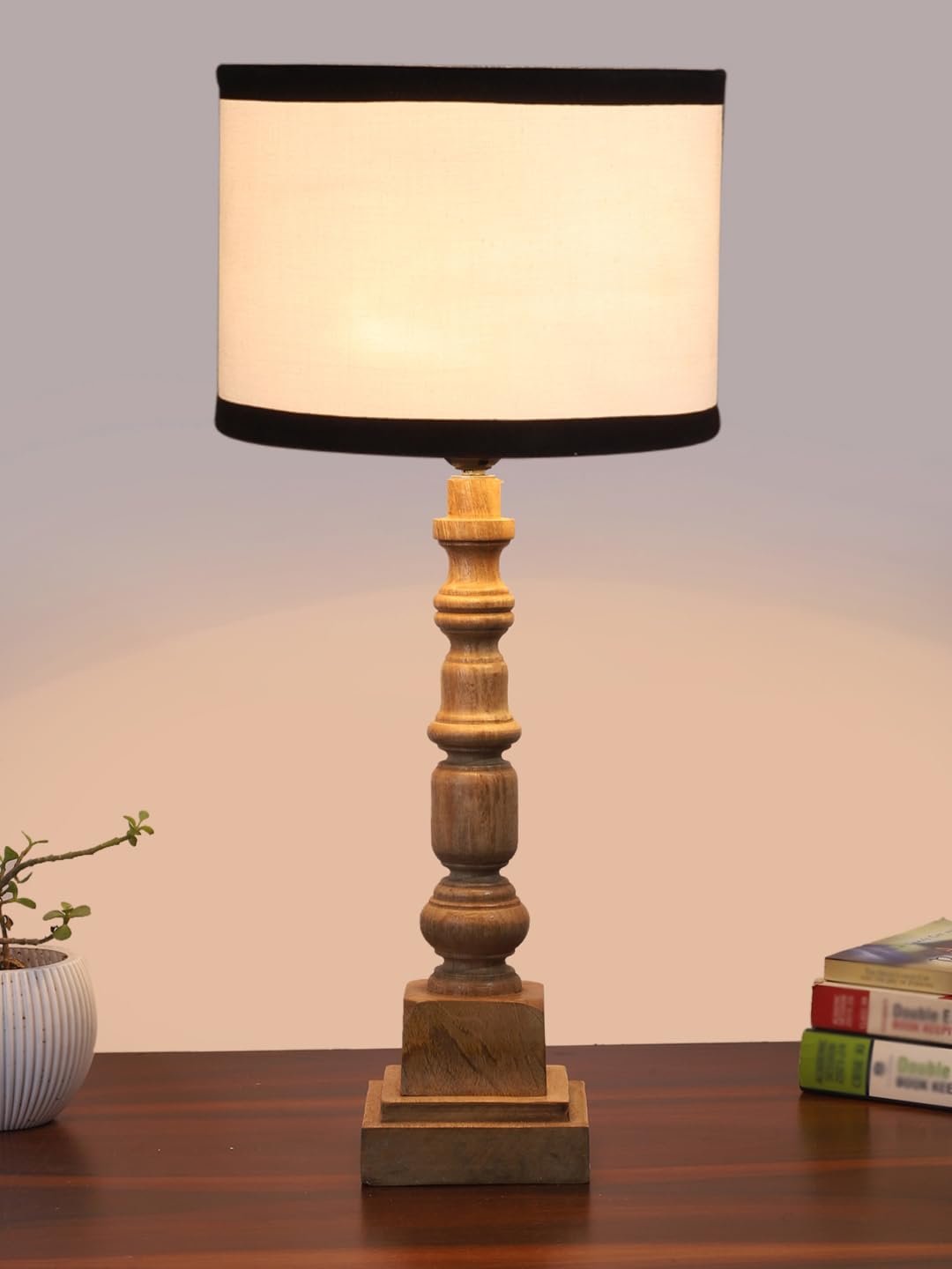 Cotton Shade Table Lamp with Wooden Natural Base - Height 21.25 Inches/Without Bulb | for Living Room, Bedroom, Home Decor, Gifting | Decorative Bedside & Desk Table Lamp | White & Black