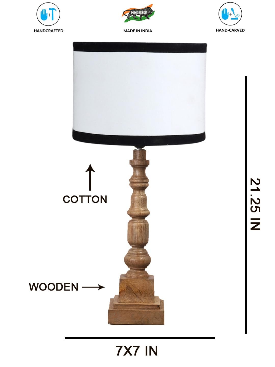Cotton Shade Table Lamp with Wooden Natural Base - Height 21.25 Inches/Without Bulb | for Living Room, Bedroom, Home Decor, Gifting | Decorative Bedside & Desk Table Lamp | White & Black