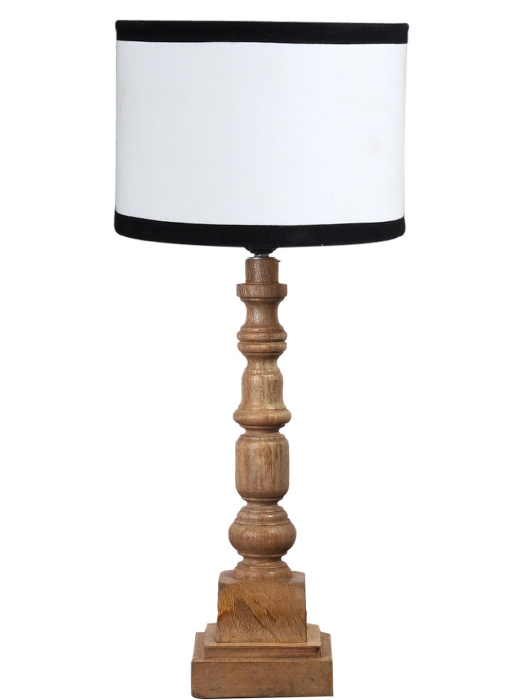 Cotton Shade Table Lamp with Wooden Natural Base - Height 21.25 Inches/Without Bulb | for Living Room, Bedroom, Home Decor, Gifting | Decorative Bedside & Desk Table Lamp | White & Black