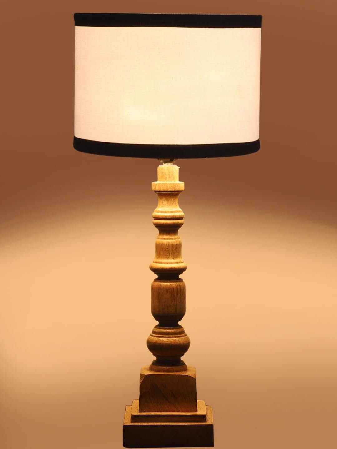 Cotton Shade Table Lamp with Wooden Natural Base - Height 21.25 Inches/Without Bulb | for Living Room, Bedroom, Home Decor, Gifting | Decorative Bedside & Desk Table Lamp | White & Black
