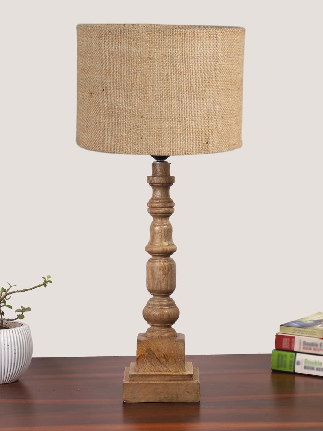 Beige Jute Table Lamp with Wooden Natural Base - Height 21.25 Inches/Without Bulb | for Living Room, Bedroom Decoration, Home Decor, Gifting | Decorative Bedside & Desk Table Lamp