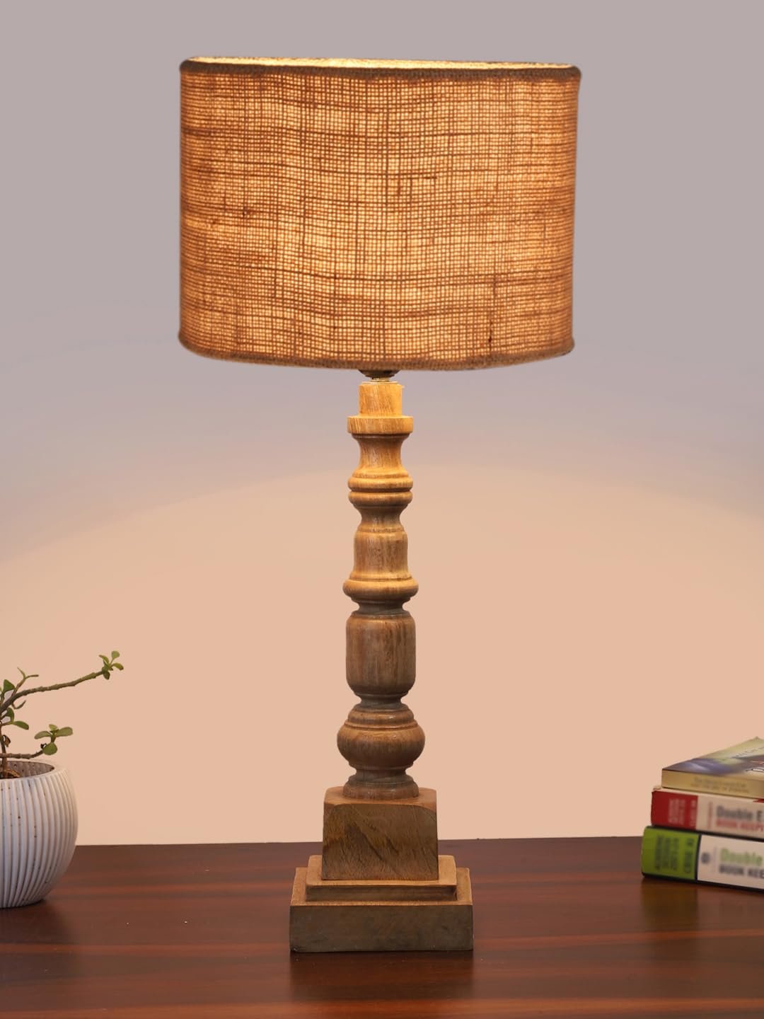 Beige Jute Table Lamp with Wooden Natural Base - Height 21.25 Inches/Without Bulb | for Living Room, Bedroom Decoration, Home Decor, Gifting | Decorative Bedside & Desk Table Lamp