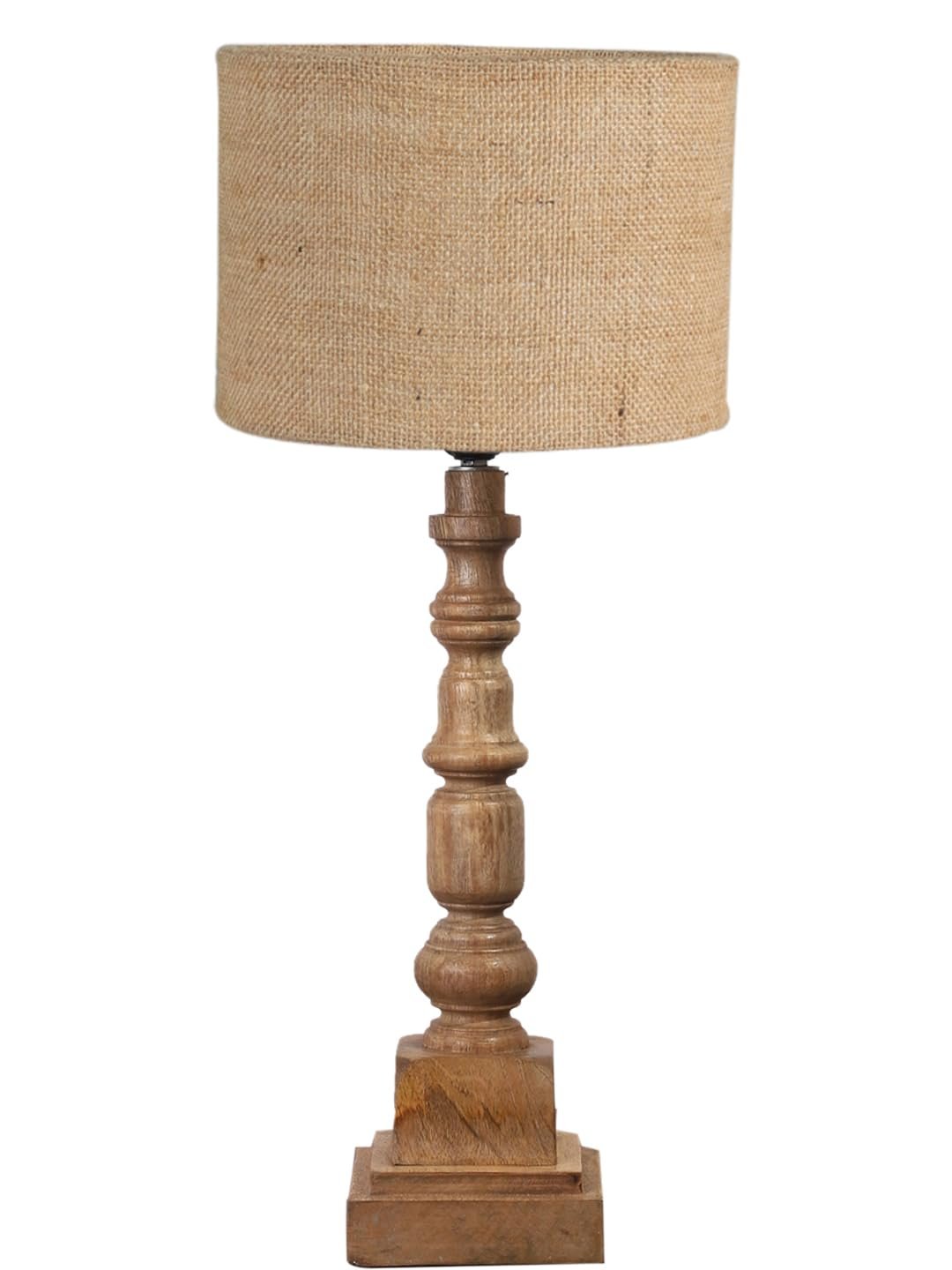 Beige Jute Table Lamp with Wooden Natural Base - Height 21.25 Inches/Without Bulb | for Living Room, Bedroom Decoration, Home Decor, Gifting | Decorative Bedside & Desk Table Lamp