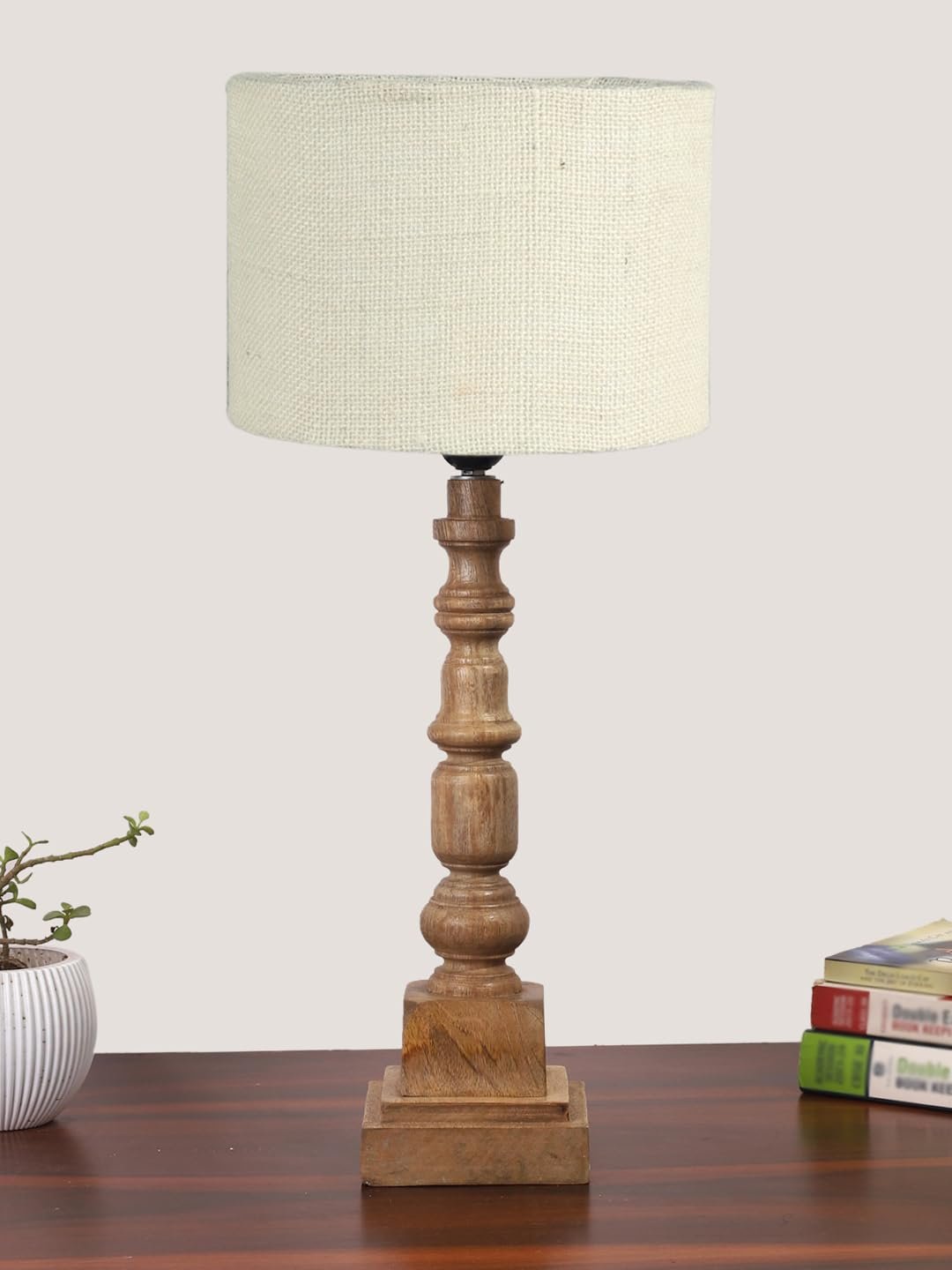 White Jute Table Lamp with Wooden Natural Base - Height 21.25 Inches/Without Bulb | for Living Room, Bedroom Decoration, Home Decor, Gifting | Decorative Bedside & Desk Table Lamp