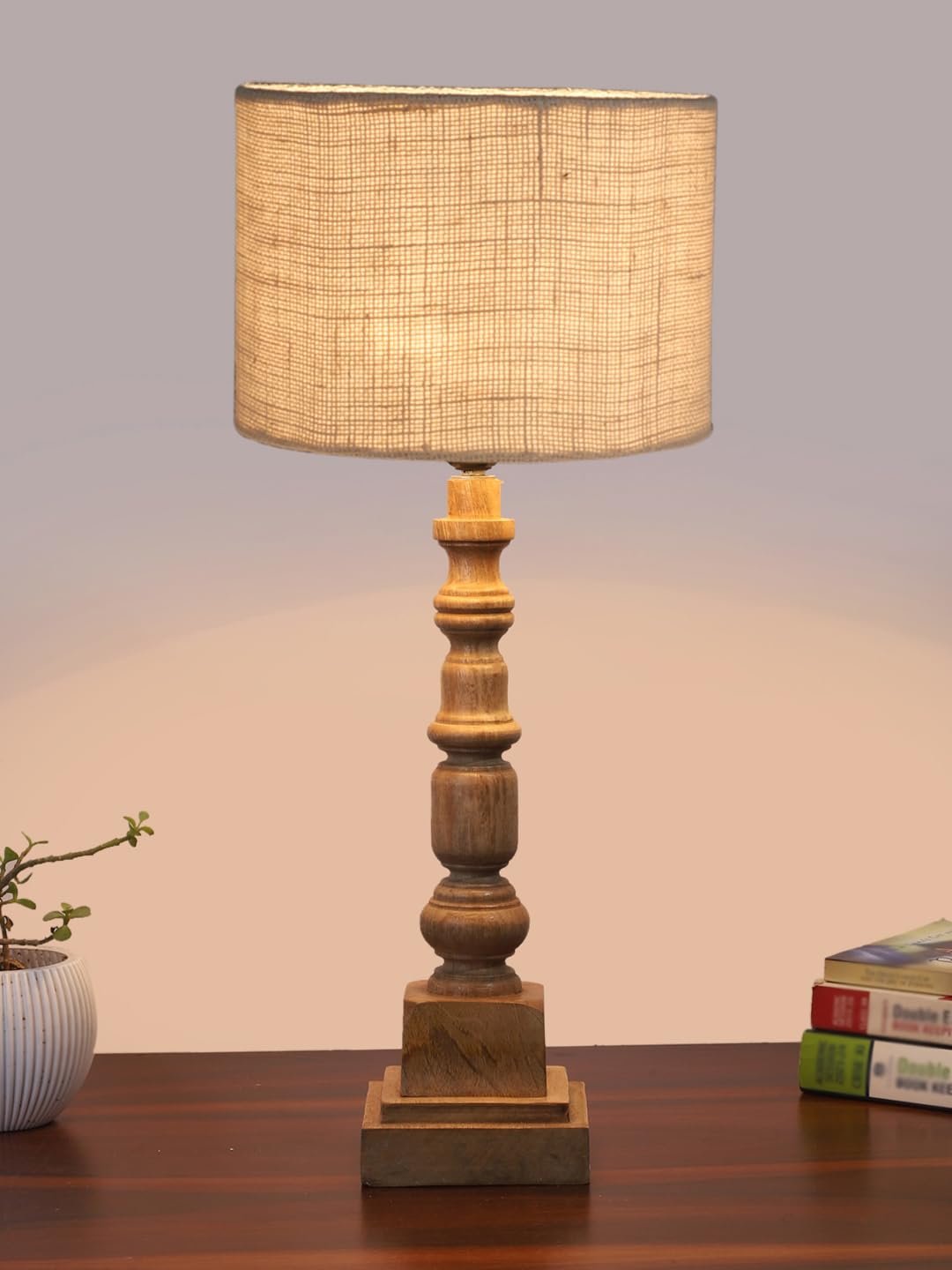 White Jute Table Lamp with Wooden Natural Base - Height 21.25 Inches/Without Bulb | for Living Room, Bedroom Decoration, Home Decor, Gifting | Decorative Bedside & Desk Table Lamp