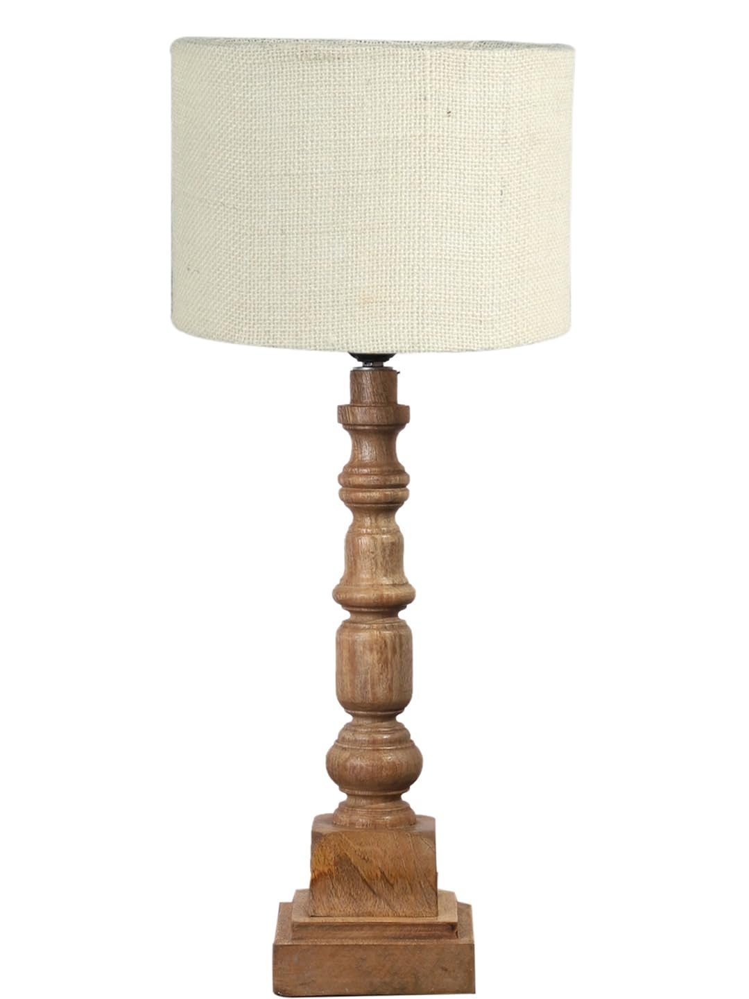 White Jute Table Lamp with Wooden Natural Base - Height 21.25 Inches/Without Bulb | for Living Room, Bedroom Decoration, Home Decor, Gifting | Decorative Bedside & Desk Table Lamp