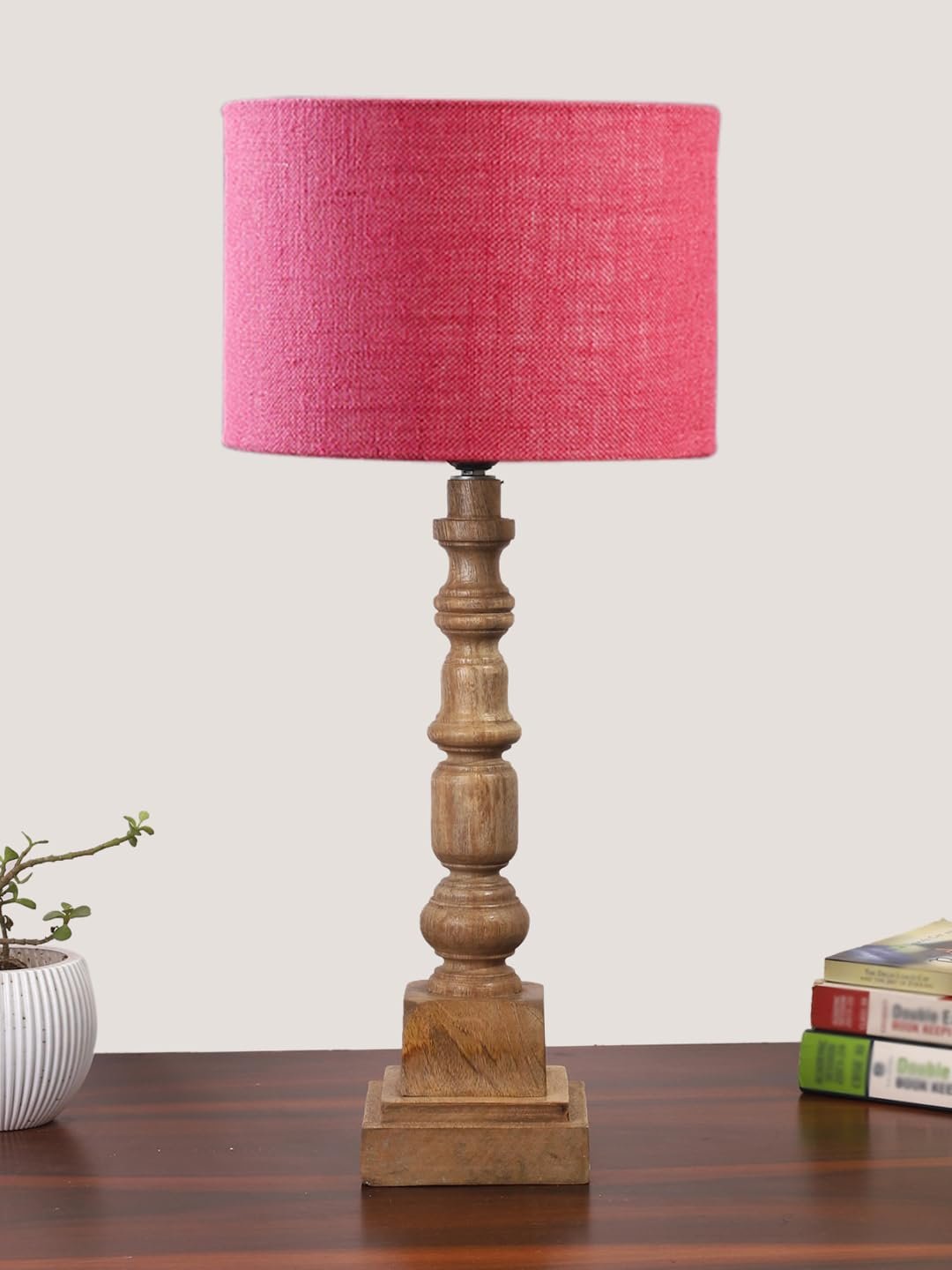 Pink Jute Table Lamp with Wooden Natural Base - Height 21.25 Inches/Without Bulb | for Living Room, Bedroom Decoration, Home Decor, Gifting | Decorative Bedside & Desk Table Lamp