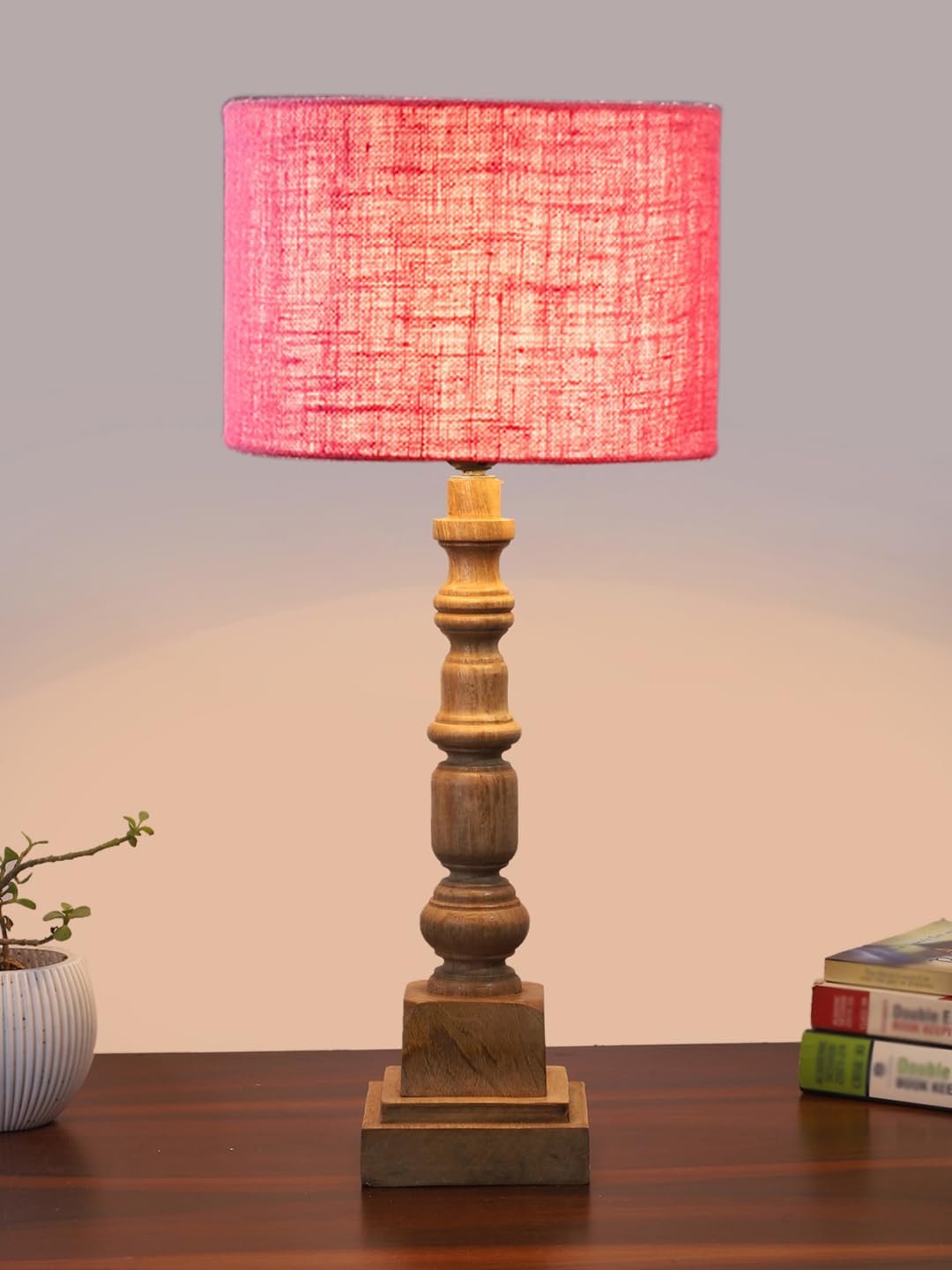 Pink Jute Table Lamp with Wooden Natural Base - Height 21.25 Inches/Without Bulb | for Living Room, Bedroom Decoration, Home Decor, Gifting | Decorative Bedside & Desk Table Lamp