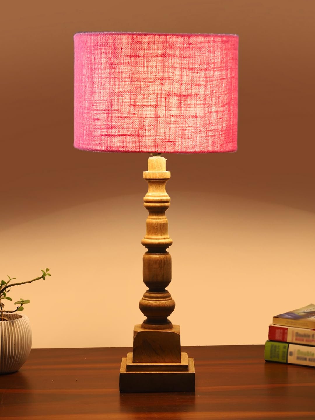 Pink Jute Table Lamp with Wooden Natural Base - Height 21.25 Inches/Without Bulb | for Living Room, Bedroom Decoration, Home Decor, Gifting | Decorative Bedside & Desk Table Lamp