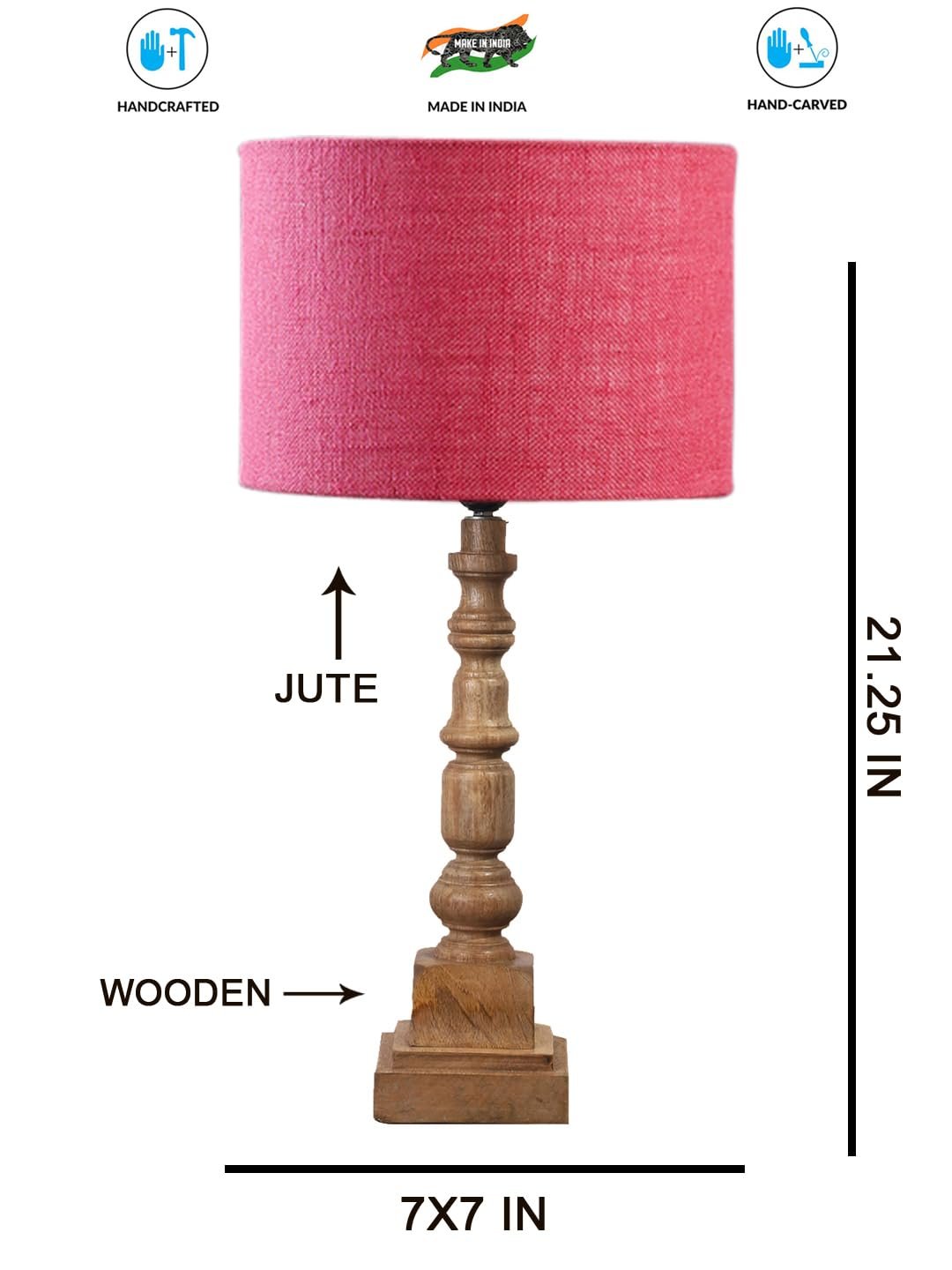 Pink Jute Table Lamp with Wooden Natural Base - Height 21.25 Inches/Without Bulb | for Living Room, Bedroom Decoration, Home Decor, Gifting | Decorative Bedside & Desk Table Lamp