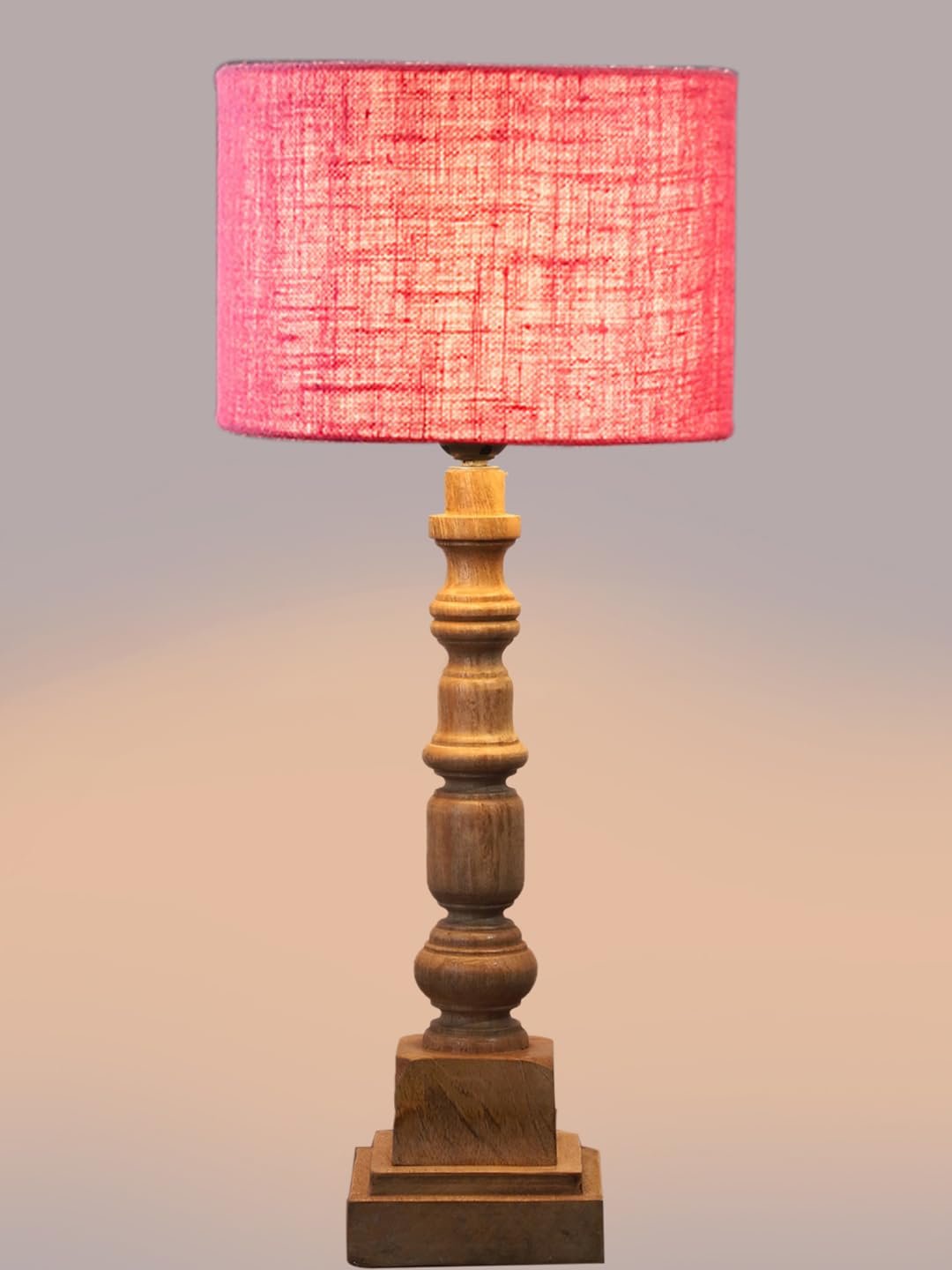 Pink Jute Table Lamp with Wooden Natural Base - Height 21.25 Inches/Without Bulb | for Living Room, Bedroom Decoration, Home Decor, Gifting | Decorative Bedside & Desk Table Lamp