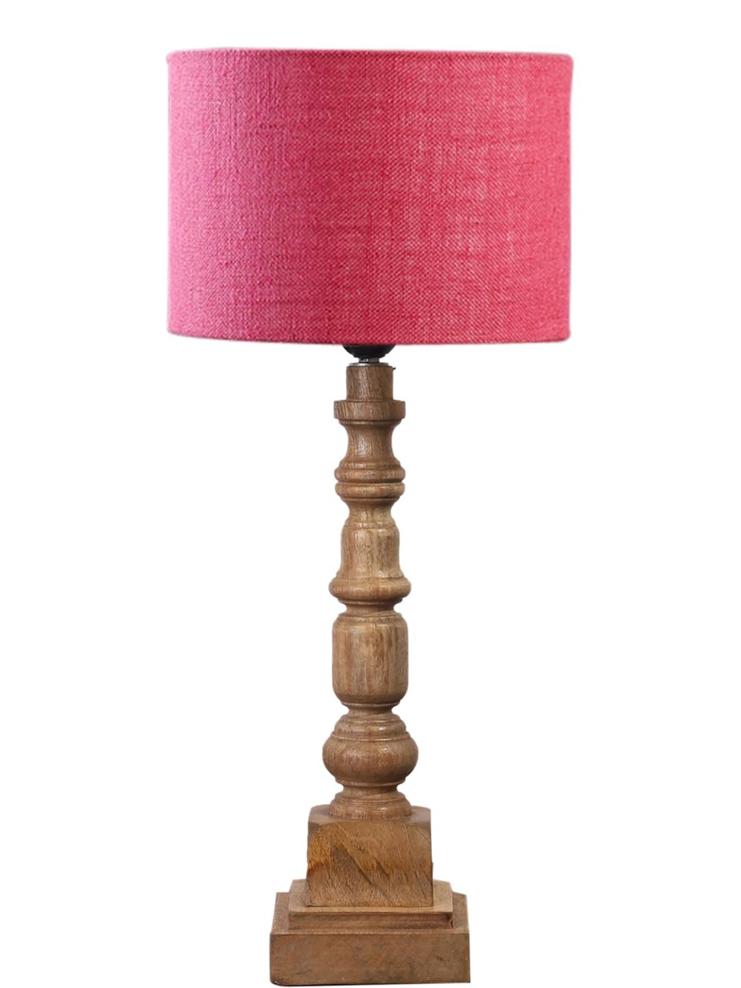 Pink Jute Table Lamp with Wooden Natural Base - Height 21.25 Inches/Without Bulb | for Living Room, Bedroom Decoration, Home Decor, Gifting | Decorative Bedside & Desk Table Lamp