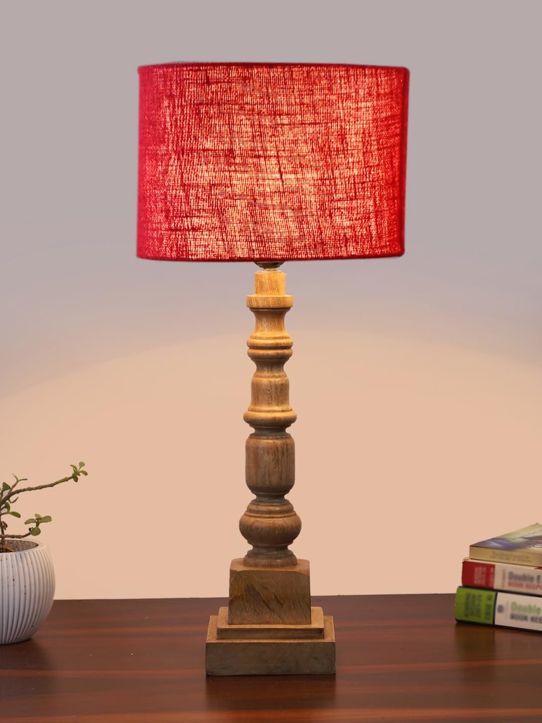 Maroon Jute Table Lamp with Wooden Natural Base - Height 21.25 Inches/Without Bulb | for Living Room, Bedroom Decoration, Home Decor, Gifting | Decorative Bedside & Desk Table Lamp