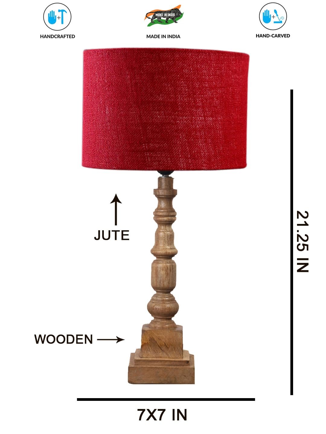 Maroon Jute Table Lamp with Wooden Natural Base - Height 21.25 Inches/Without Bulb | for Living Room, Bedroom Decoration, Home Decor, Gifting | Decorative Bedside & Desk Table Lamp