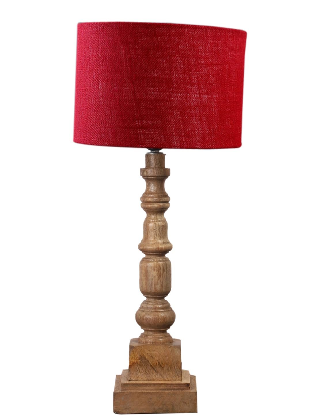 Maroon Jute Table Lamp with Wooden Natural Base - Height 21.25 Inches/Without Bulb | for Living Room, Bedroom Decoration, Home Decor, Gifting | Decorative Bedside & Desk Table Lamp