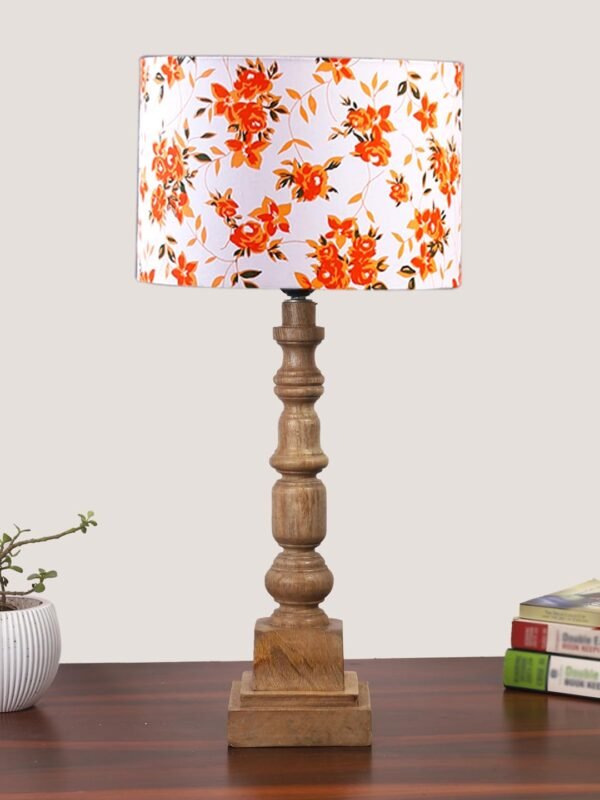 Orange Vintage Floral Cotton Shade Table Lamp with Wooden Natural Base – Height 21.25 Inches/Without Bulb | for Living Room, Bedroom, Home Decor, Gift | Decorative Bedside & Desk Table Lamp