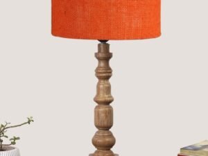 Orange Jute Table Lamp with Wooden Natural Base - Height 21.25 Inches/Without Bulb | for Living Room, Bedroom Decoration, Home Decor, Gifting | Decorative Bedside & Desk Table Lamp