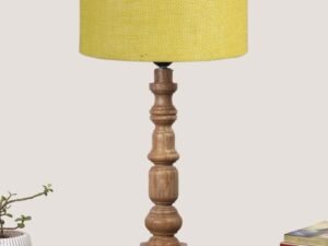 Yellow Jute Table Lamp with Wooden Natural Base - Height 21.25 Inches/Without Bulb | for Living Room, Bedroom Decoration, Home Decor, Gifting | Decorative Bedside & Desk Table Lamp
