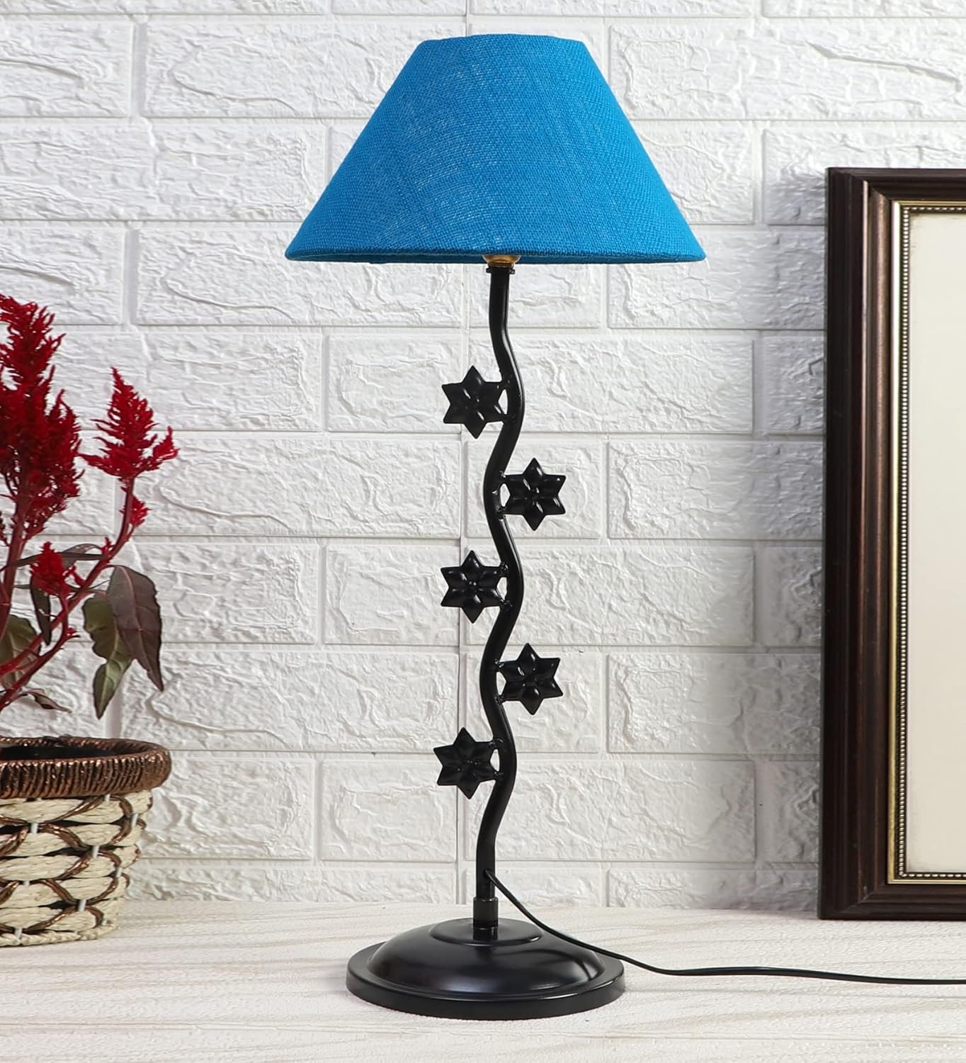 Turquoise Jute Zig Zag Star Table lamp with Iron Base (AE38)